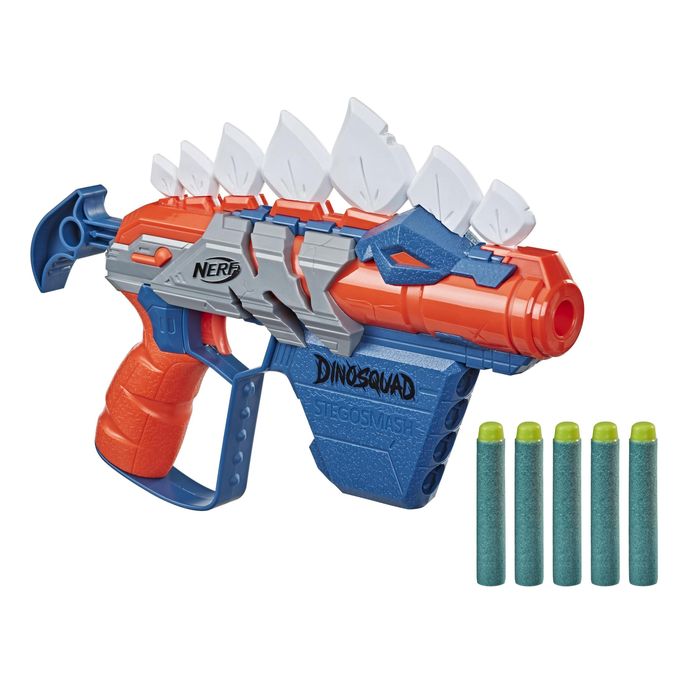 Orange-blaue Nerf-Pistole, mit grünen Darts und Dinosaurier-Design.