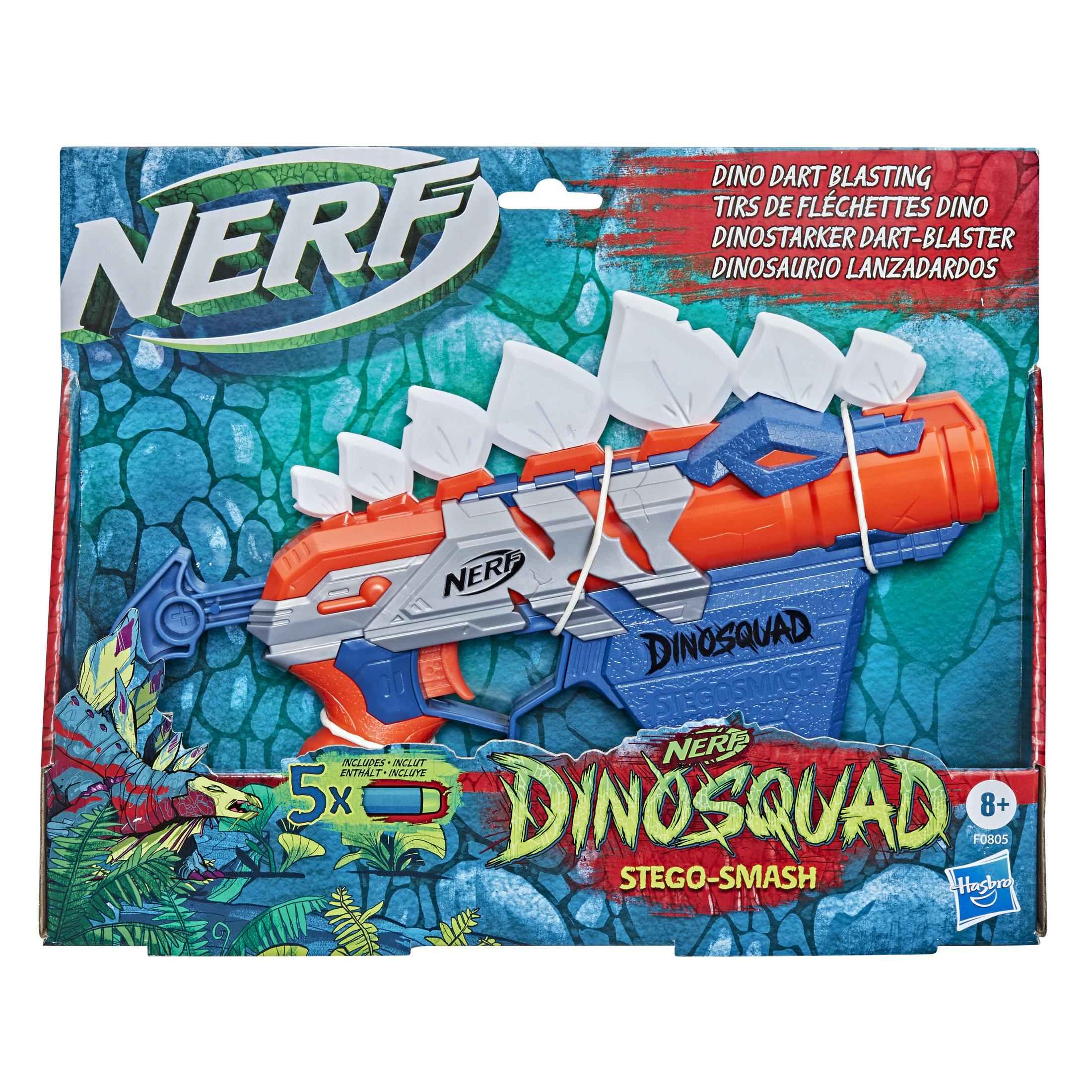 Nerf DinoSquad Blaster-Spielzeug, orange und blau, mit Dinosaurier-Design, verpackt in einer Box mit Zubehör.