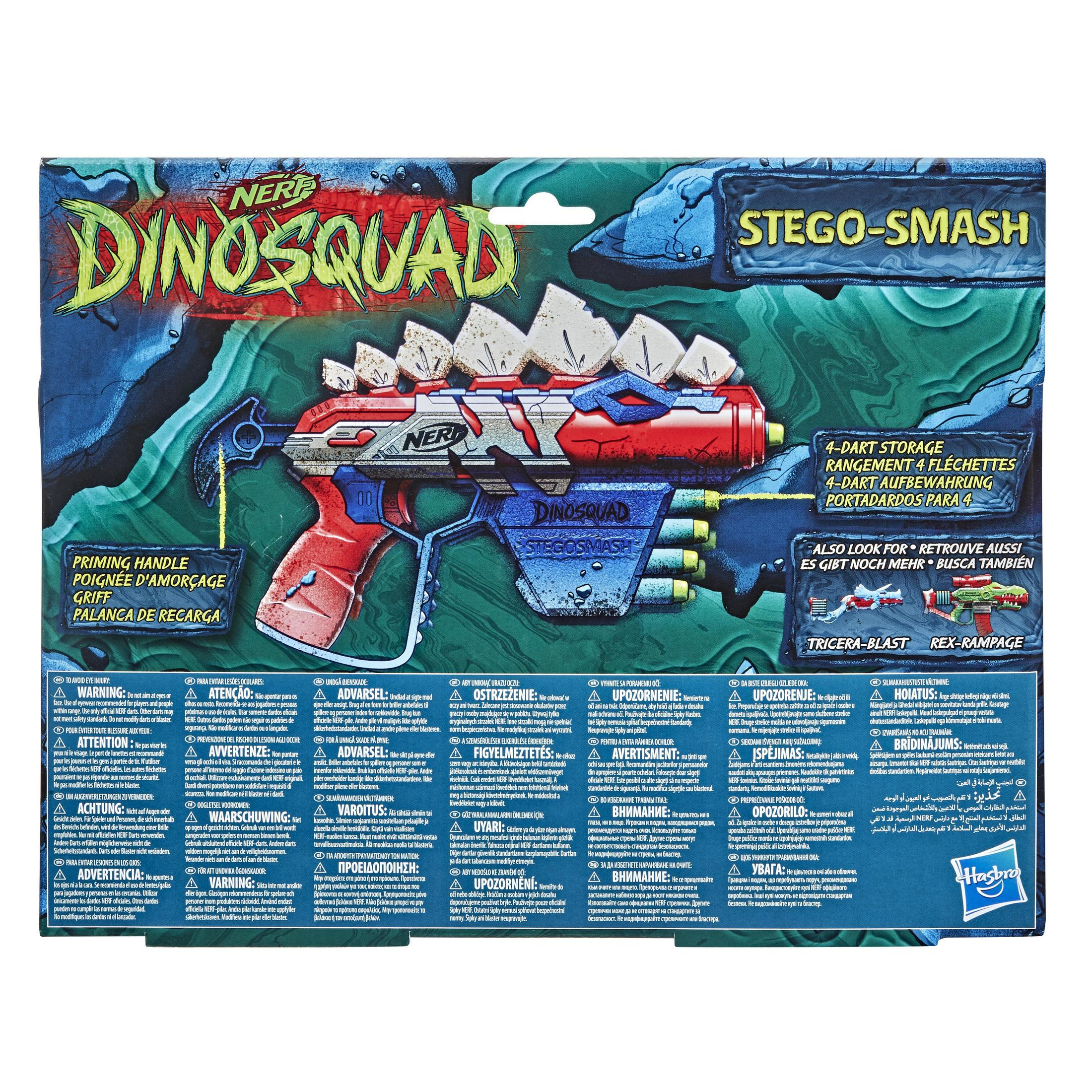 Rückseite der Nerf Dinosquad Stego-Smash Spielzeugpistolenbox mit Warnungen.