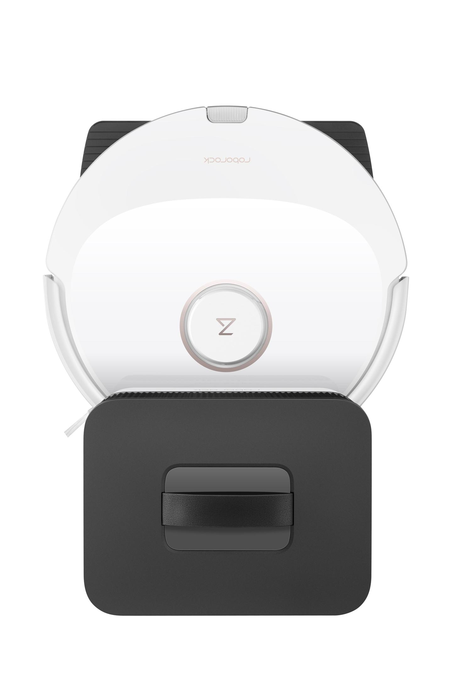 Robot odkurzający i jego stacja ładowania, widok z góry, biało-czarny design.