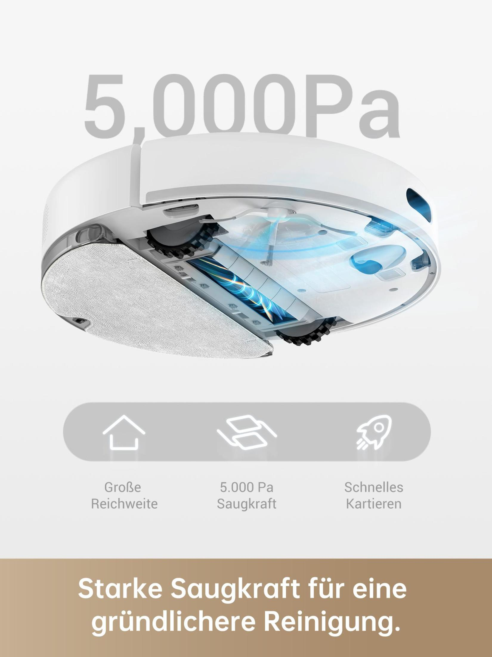 Biały odkurzacz automatyczny z wycięciem pokazującym elementy i funkcje wewnętrzne.