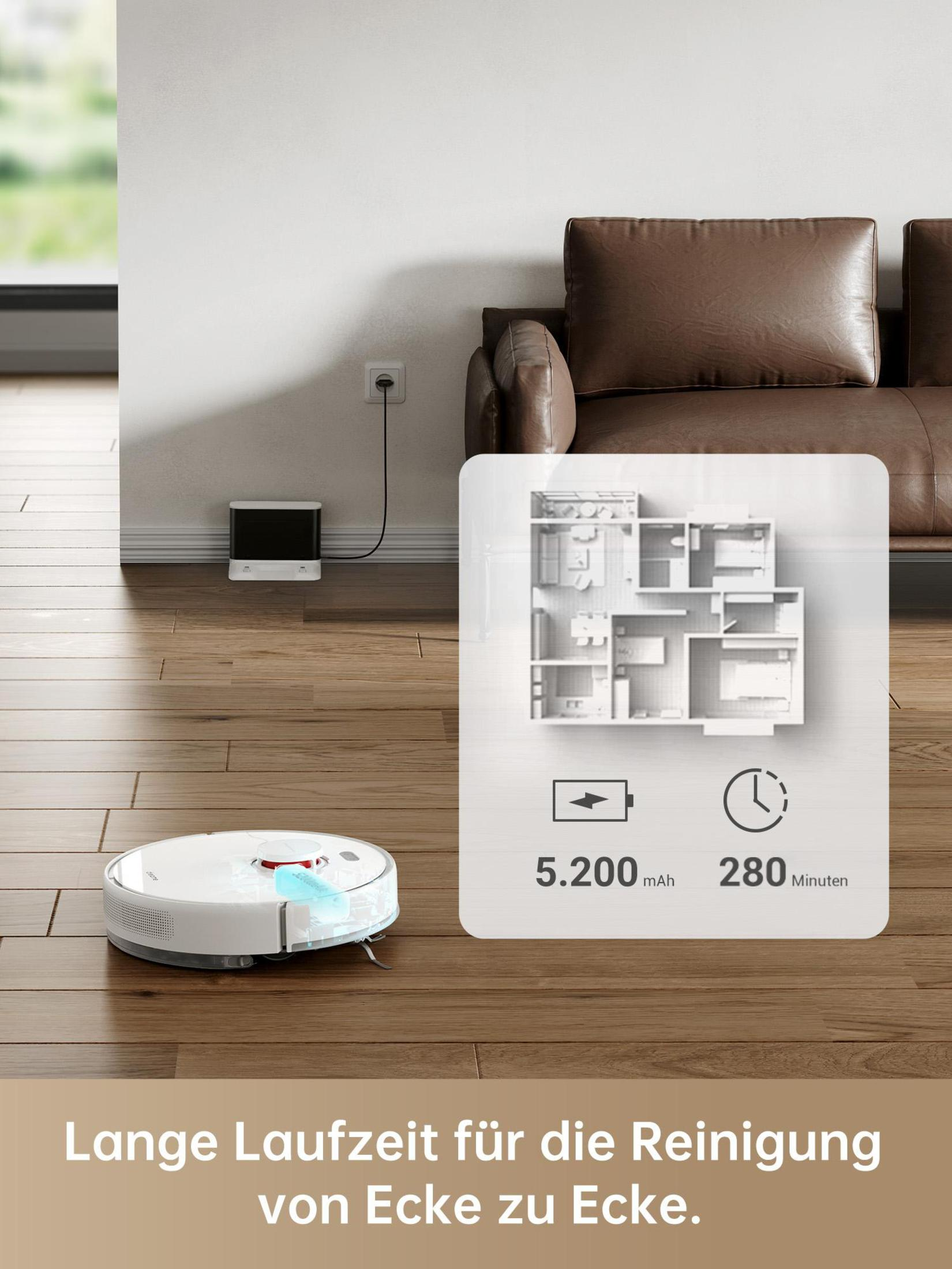 Biały robot sprzątający na drewnianej podłodze. Ekran pokazuje układ pomieszczenia i dane.