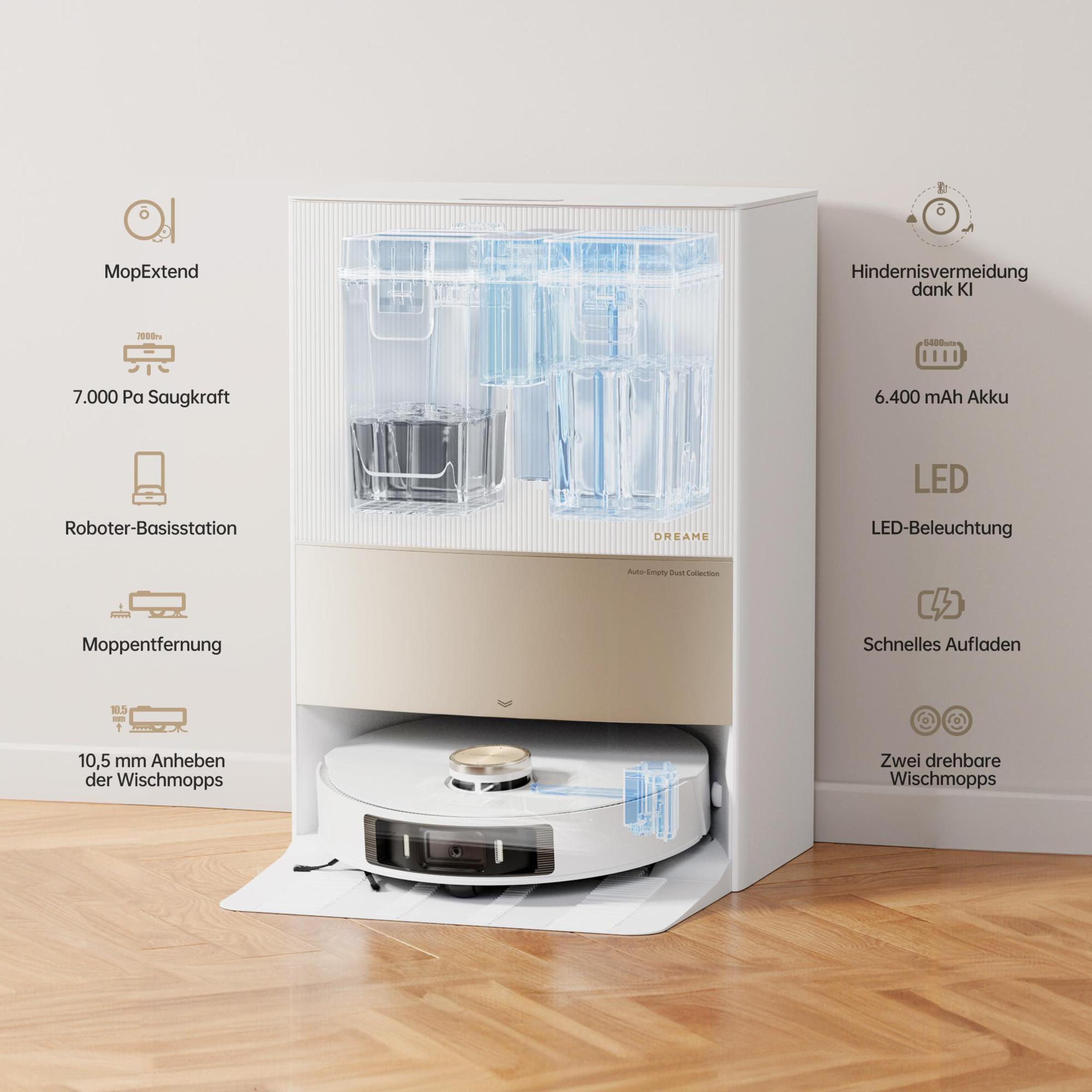 Biały i kremowy odkurzacz automatyczny z stacją dokującą, pokazujący funkcje.