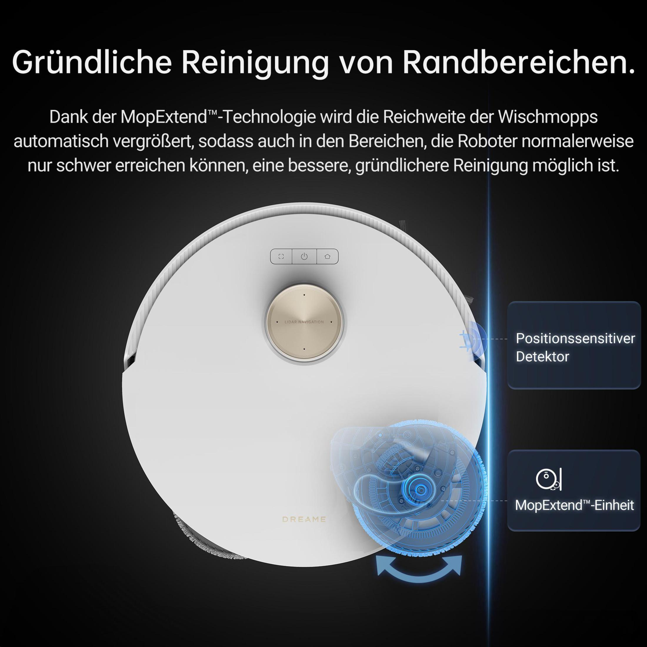 Biały odkurzacz robot Dreame z grafiką objaśniającą, na białym tle.
