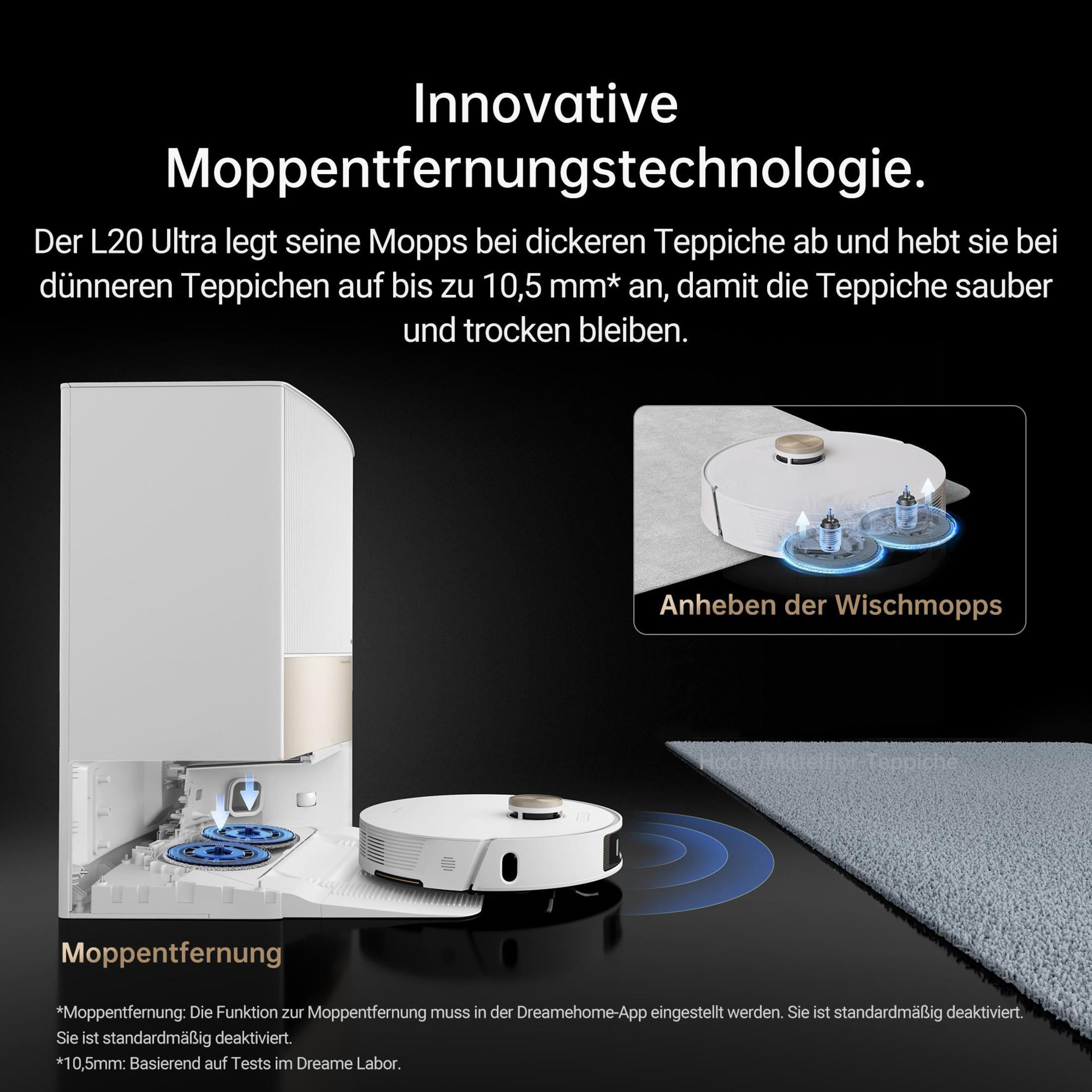 Biały odkurzacz robot z stacją ładującą, z niemieckim tekstem o technologii czyszczenia.
