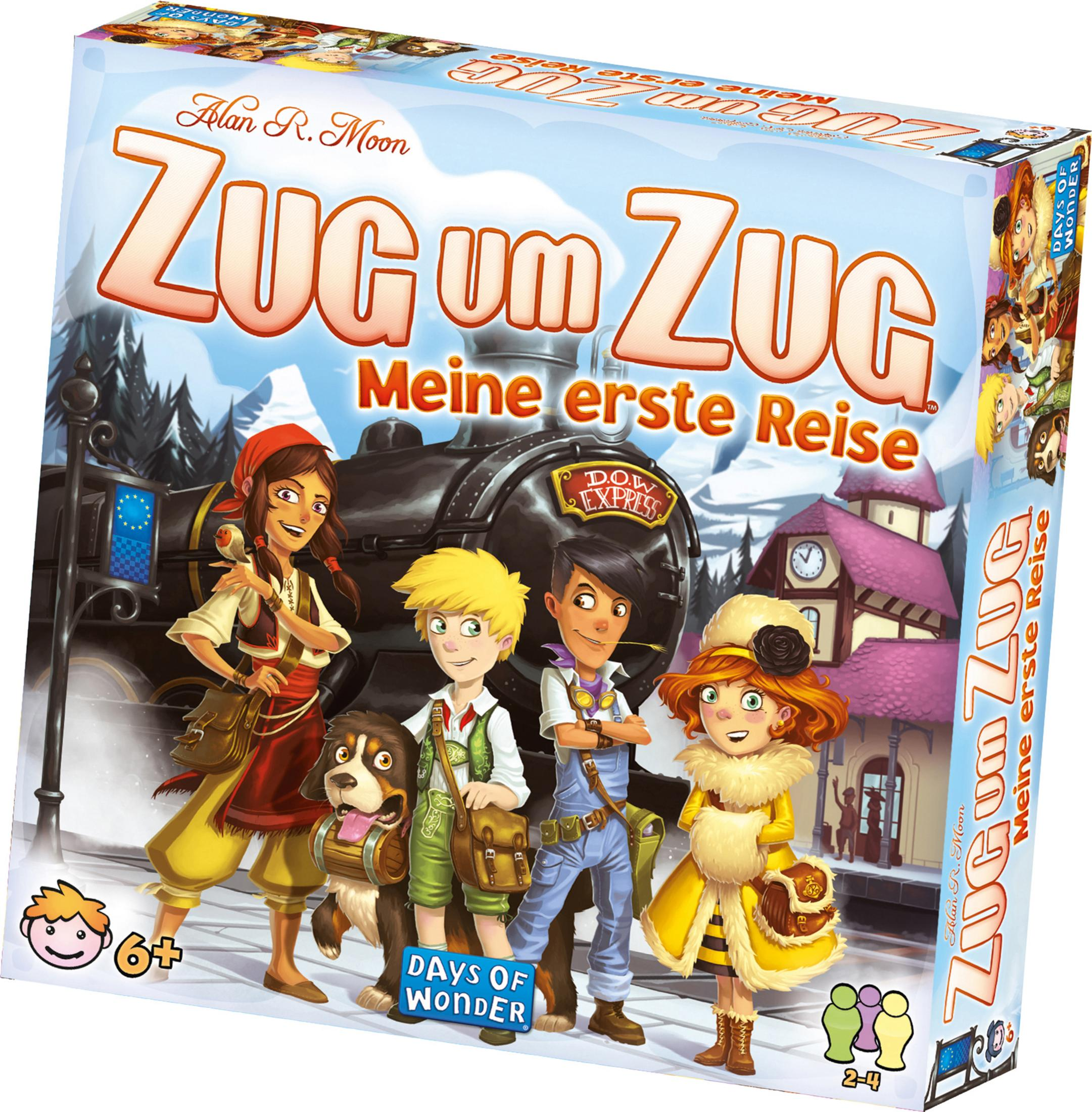 Una caja de juego de mesa con ilustraciones de niños, un tren y una estación de tren, titulada Zug um Zug.
