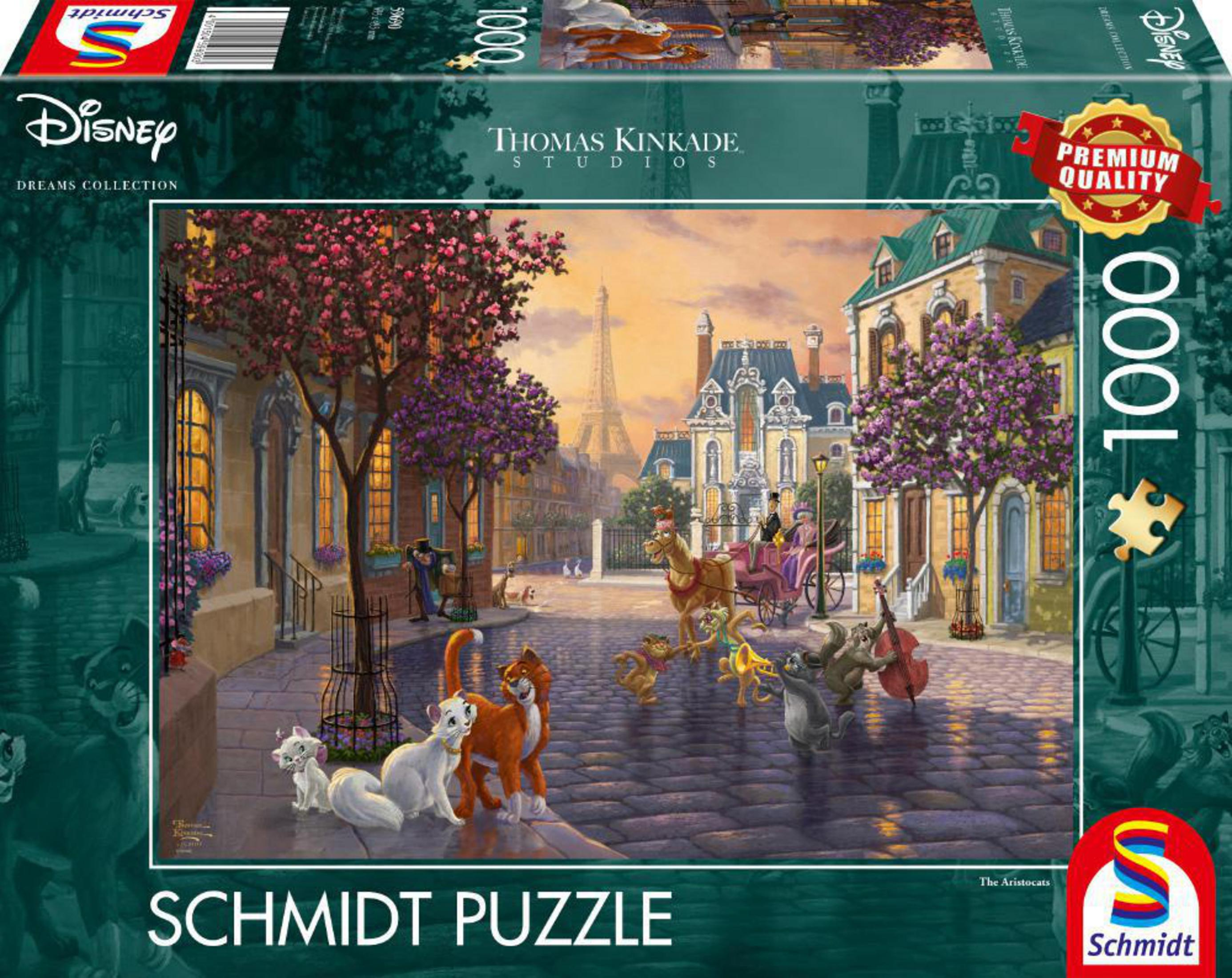 Eine Disney-Puzzledose mit den Aristocats in einer Pariser Straßenszene mit dem Eiffelturm.