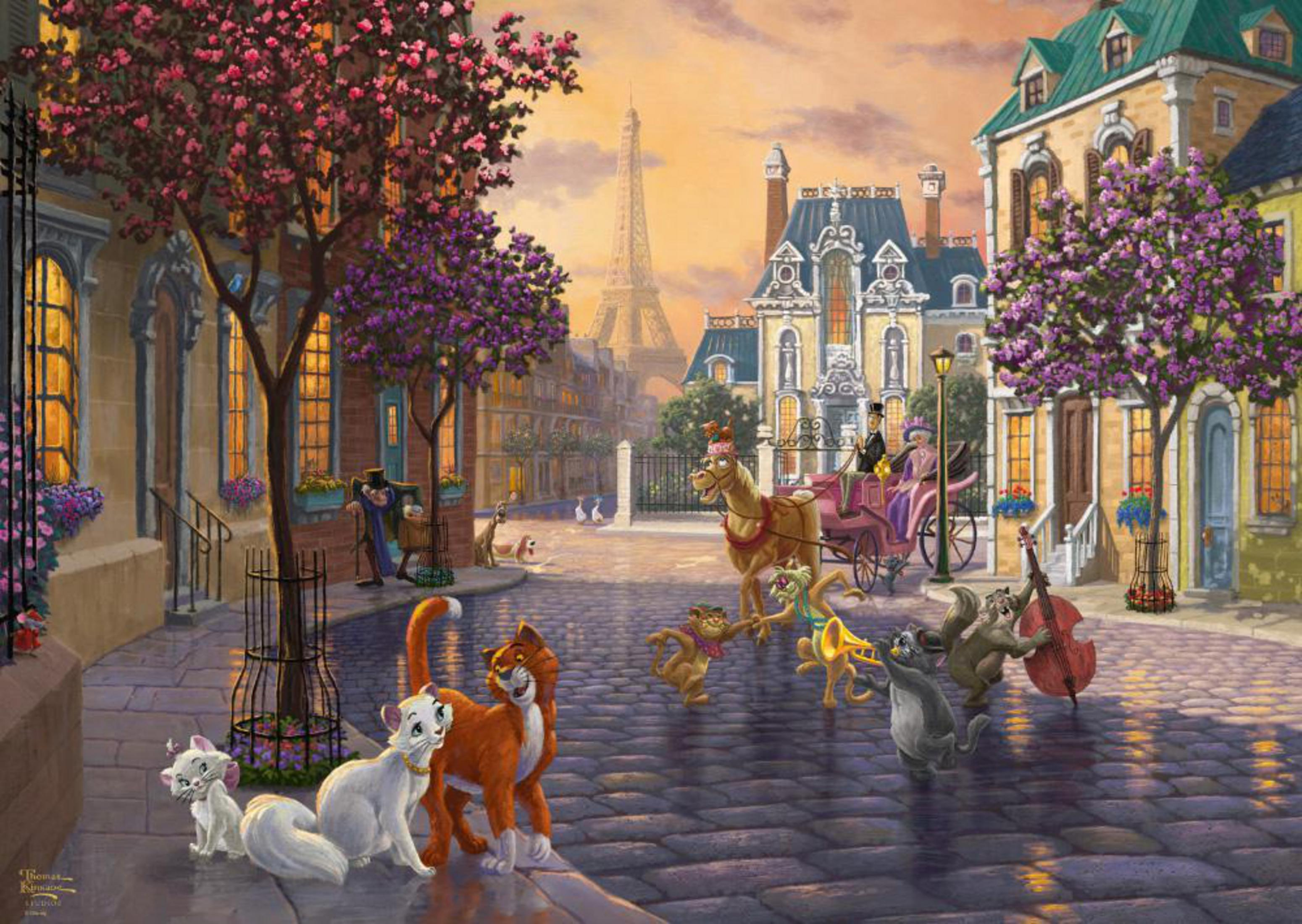 Ein Gemälde von Katzen in Paris. Der Eiffelturm ist im Hintergrund, und eine Pferdekutsche.