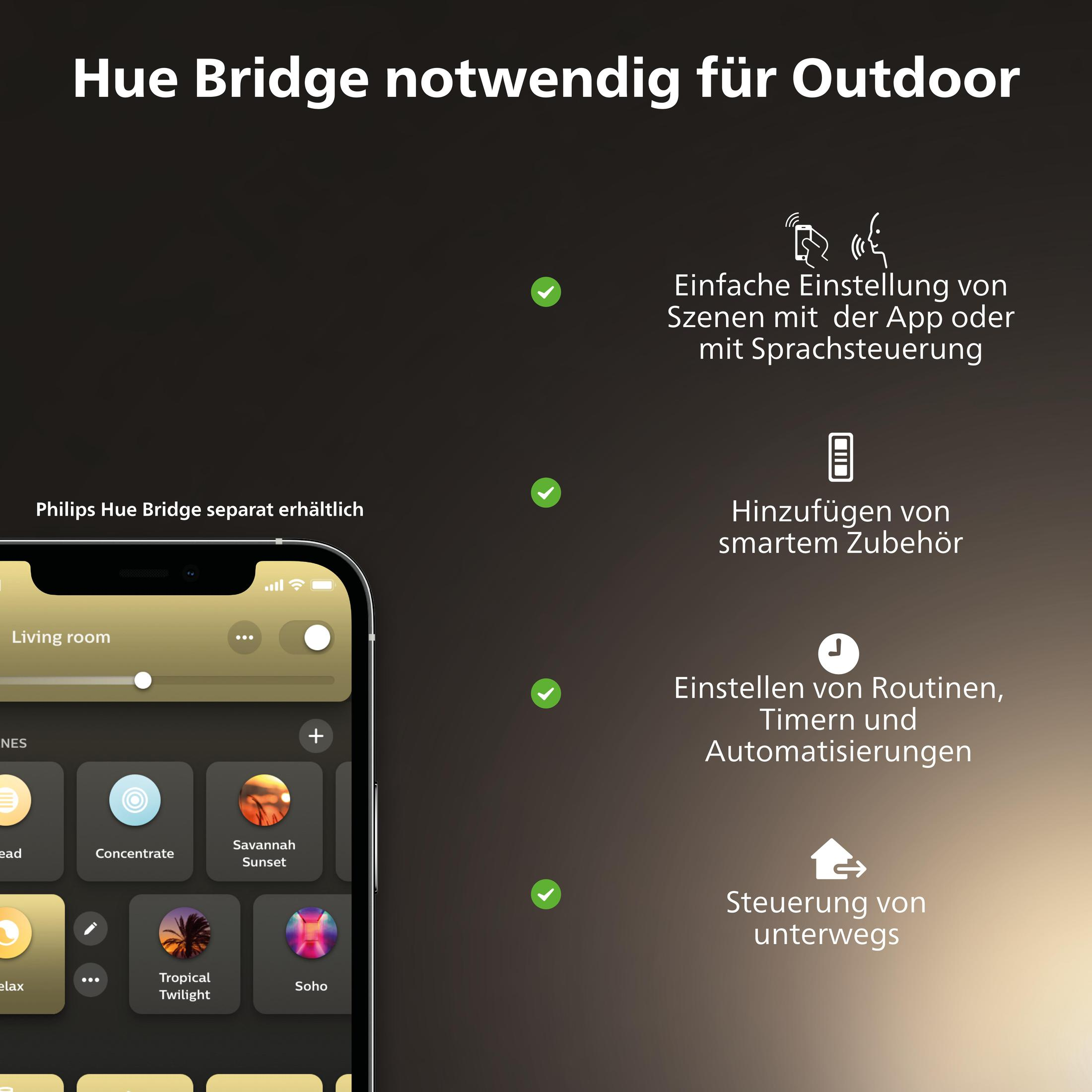 Ein Smartphone mit App-Oberfläche. Text und Häkchen betonen Funktionen wie Sprachsteuerung.