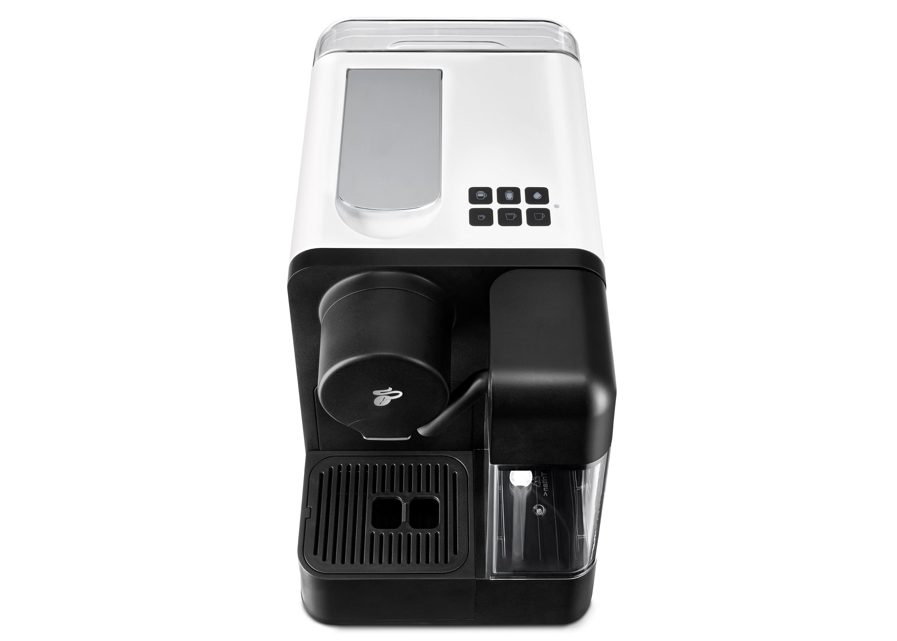 Weiße und schwarze Kaffeemaschine mit Knöpfen oben und Tropfschale.