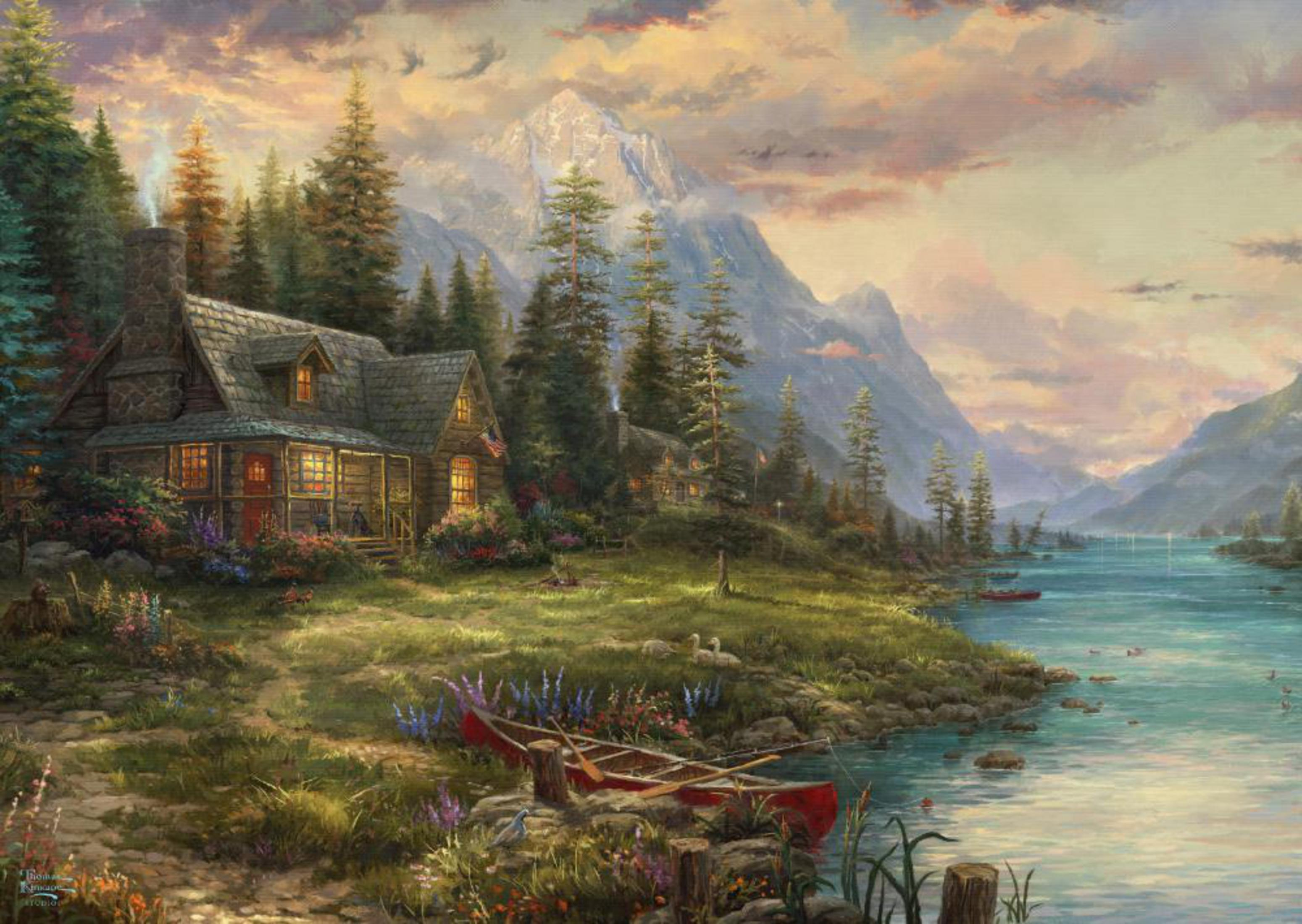 Paysage panoramique avec une cabane au bord d'un lac, des montagnes en arrière-plan et un canoë rouge au premier plan.