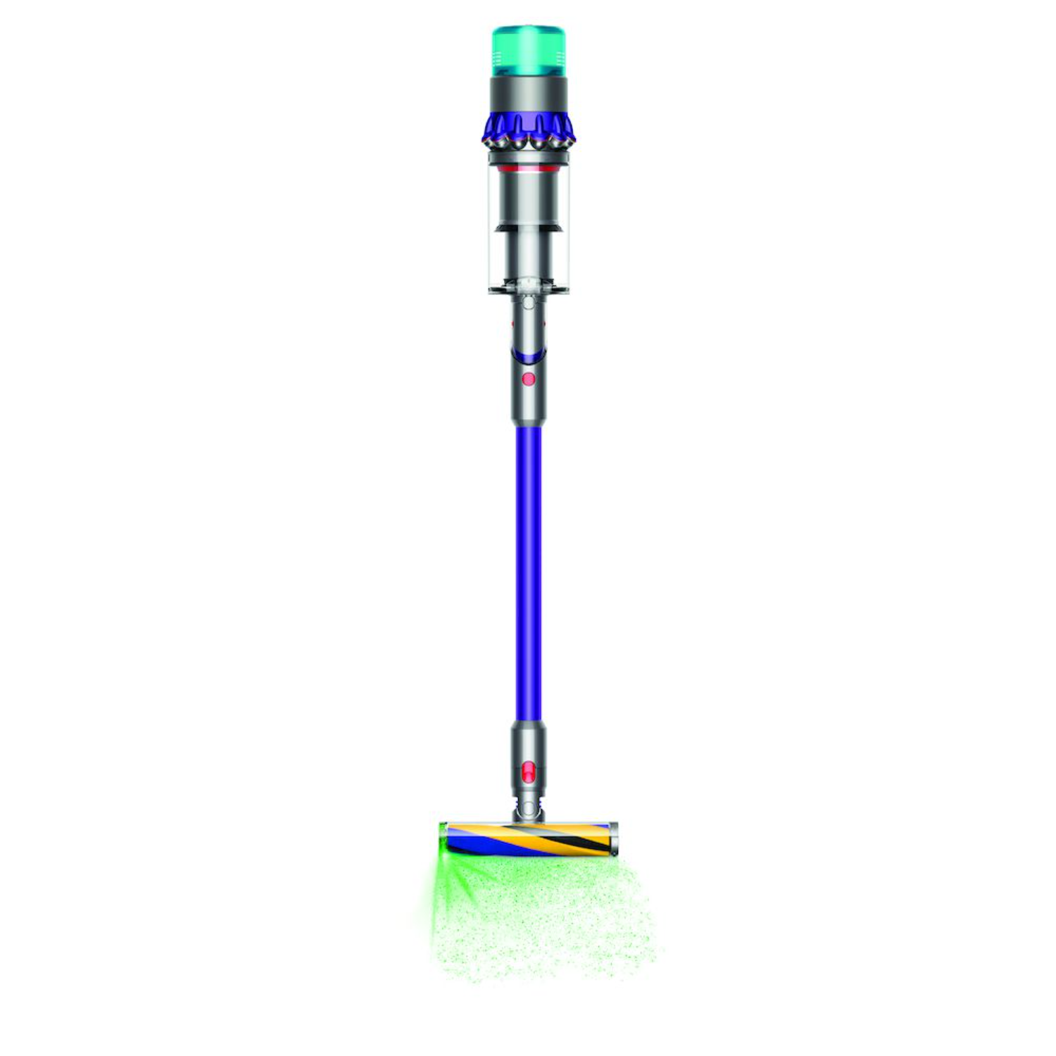 Vertikale Aufnahme eines Dyson-Staubsaugers. Blau und Silber. Grüne Laserlichtprojektion.