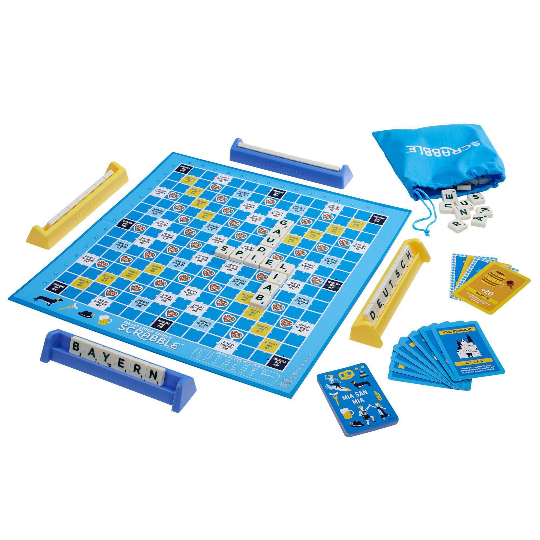 Ein Scrabble-Brettspiel mit Spielsteinen und Karten, in blau und gelb gehalten.