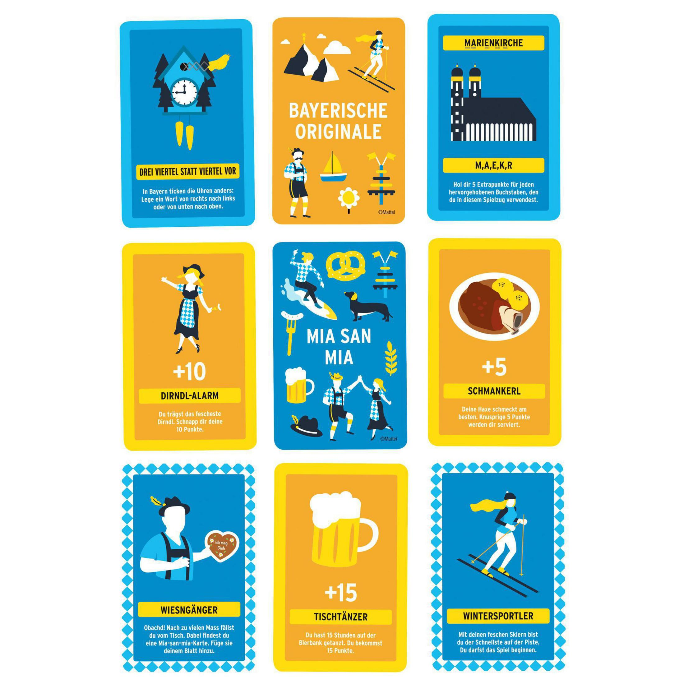 Neun Spielkarten mit Illustrationen und Text in Gelb, Blau und Weiß.