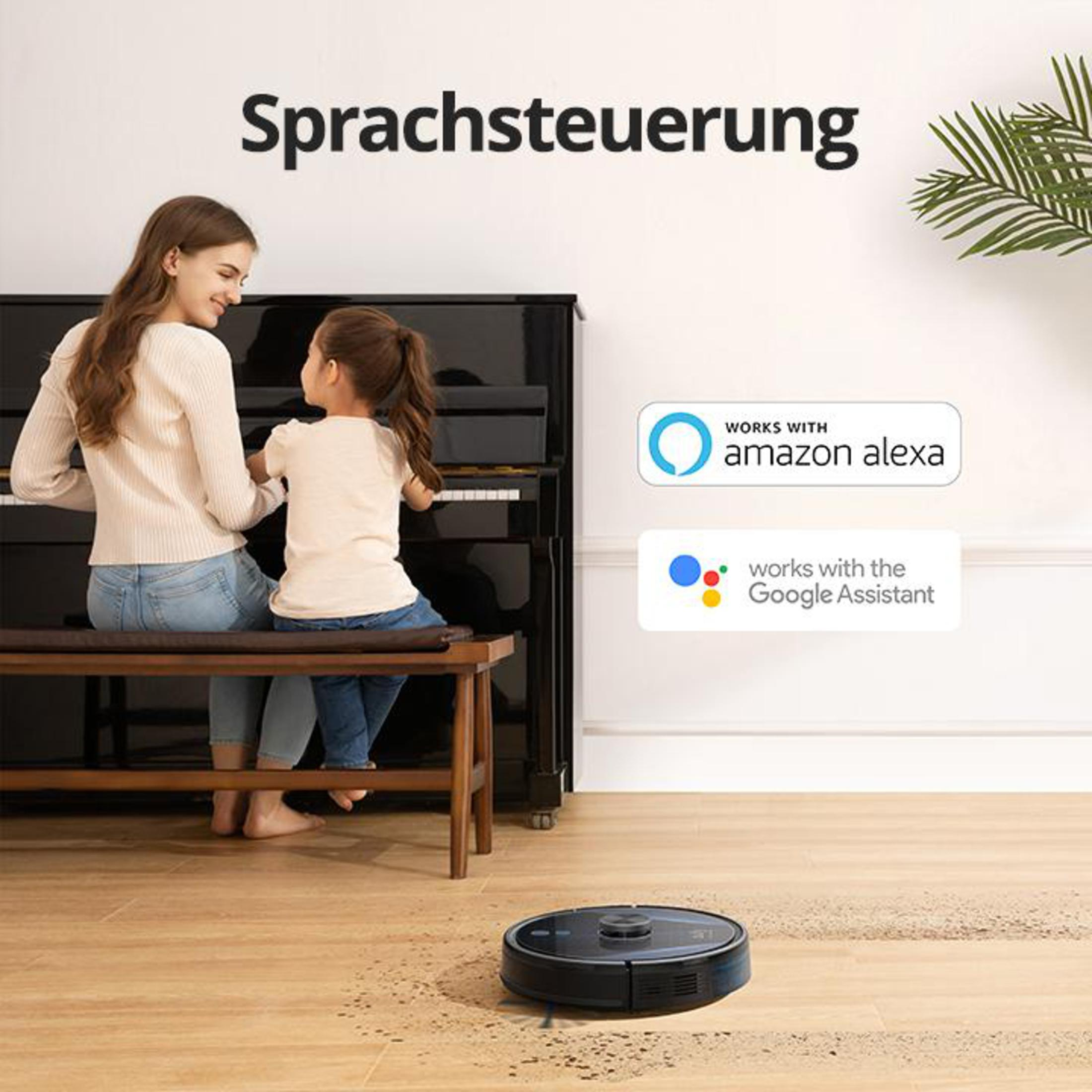 Kobieta i dziewczynka przy pianinie. Robot odkurzający na podłodze. Loga Alexa i Google Assistant.
