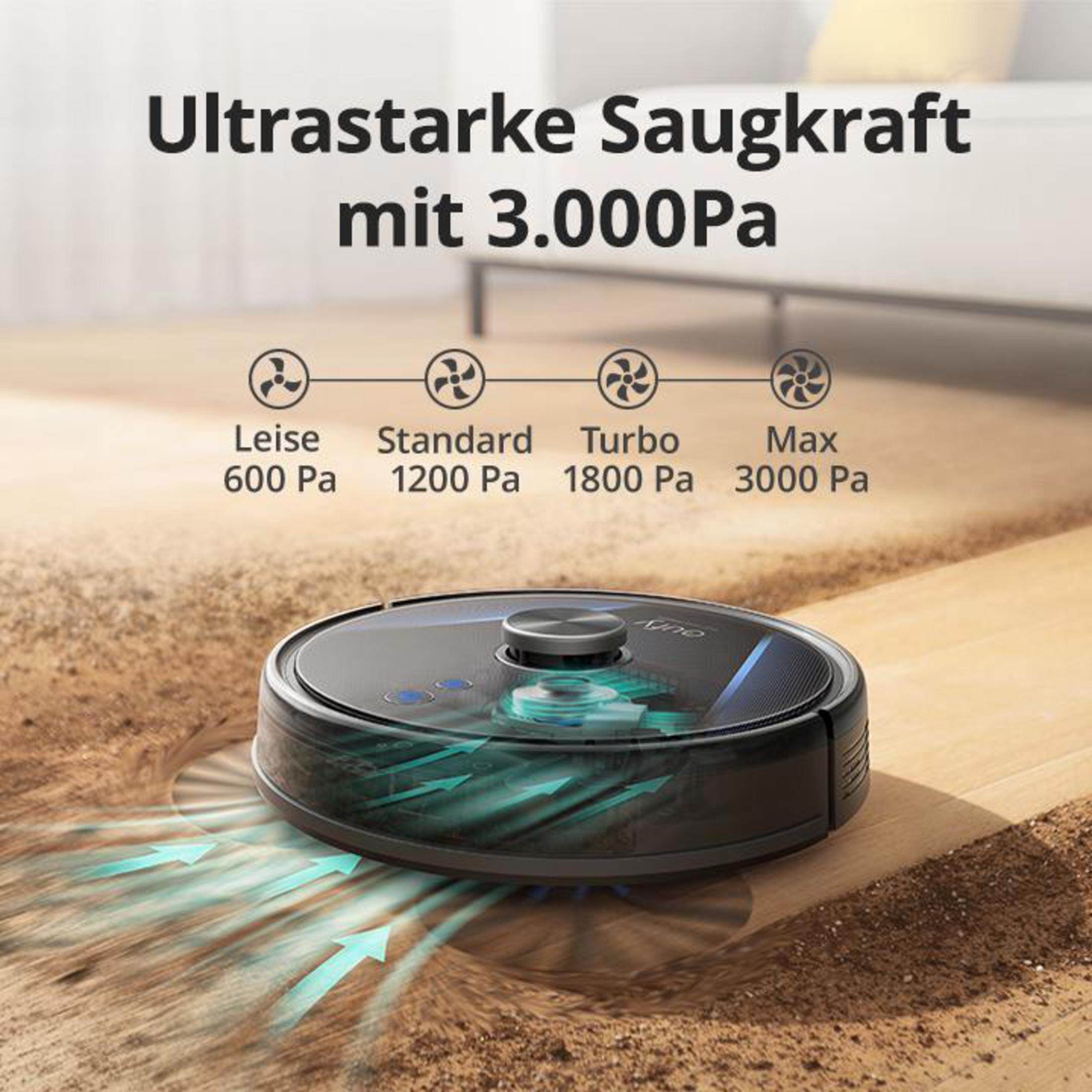 Czarny odkurzacz robot na drewnianej podłodze. Tekst 'Ultrasterke Zuigkracht' i poziomy ssania.