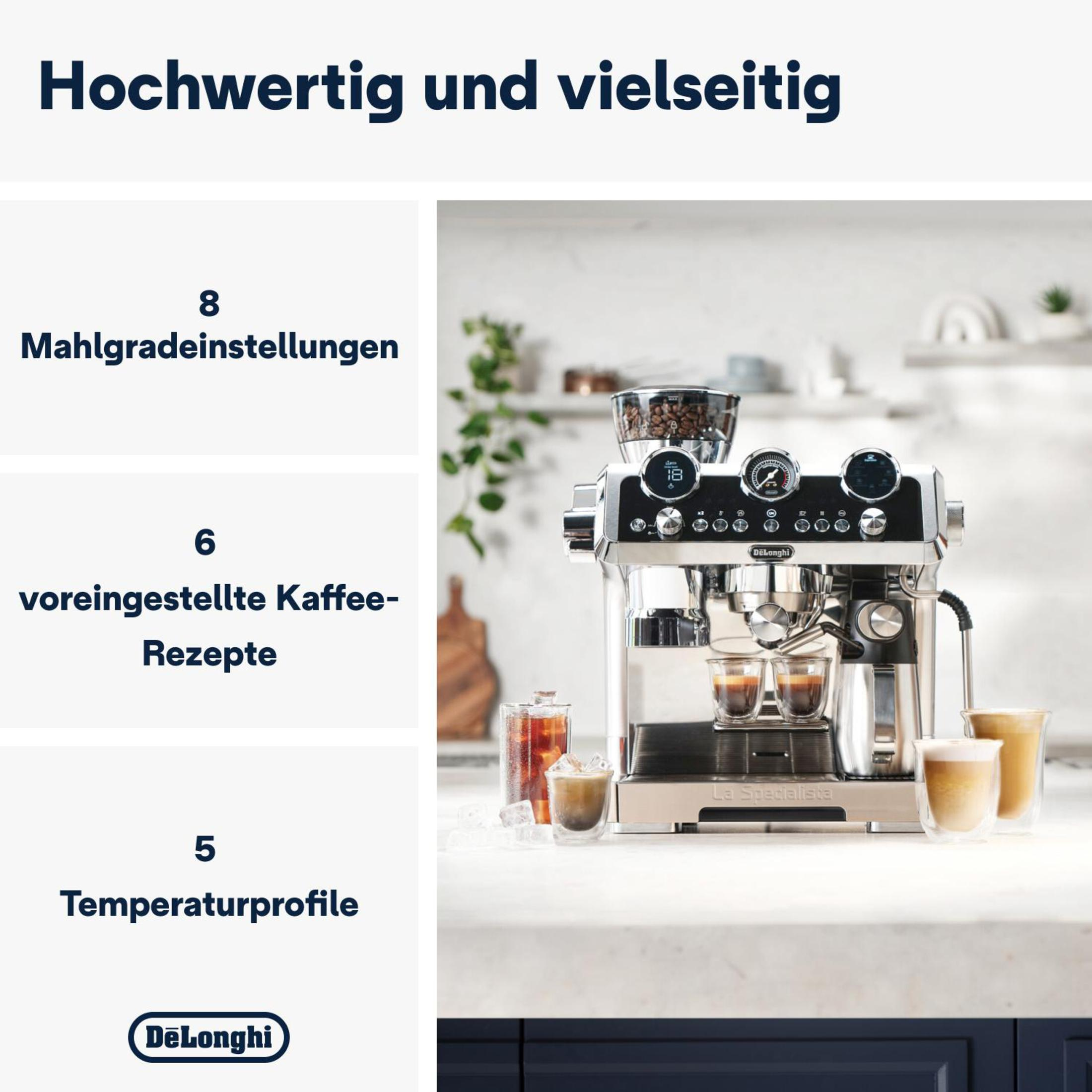 Kaffeemaschine mit Textbeschriftungen und Kaffee in Gläsern.