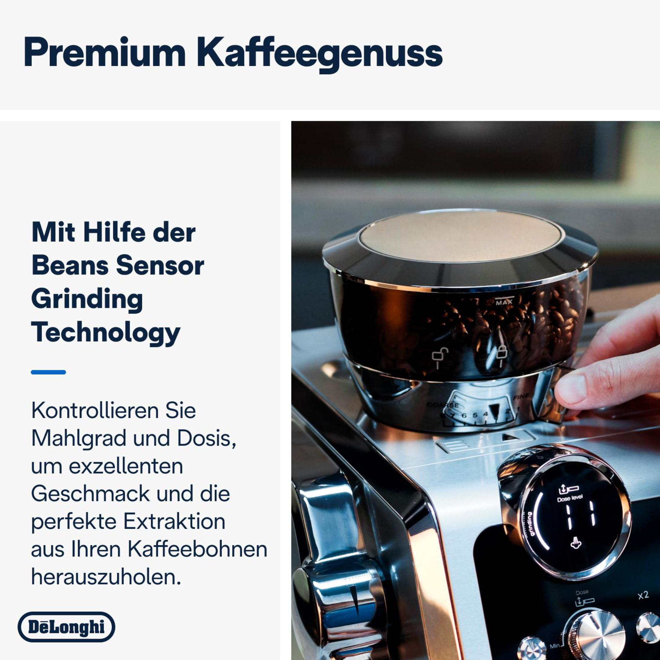 Nahaufnahme einer Kaffeemaschine mit Text über die Bohnensensor-Mahltechnologie.