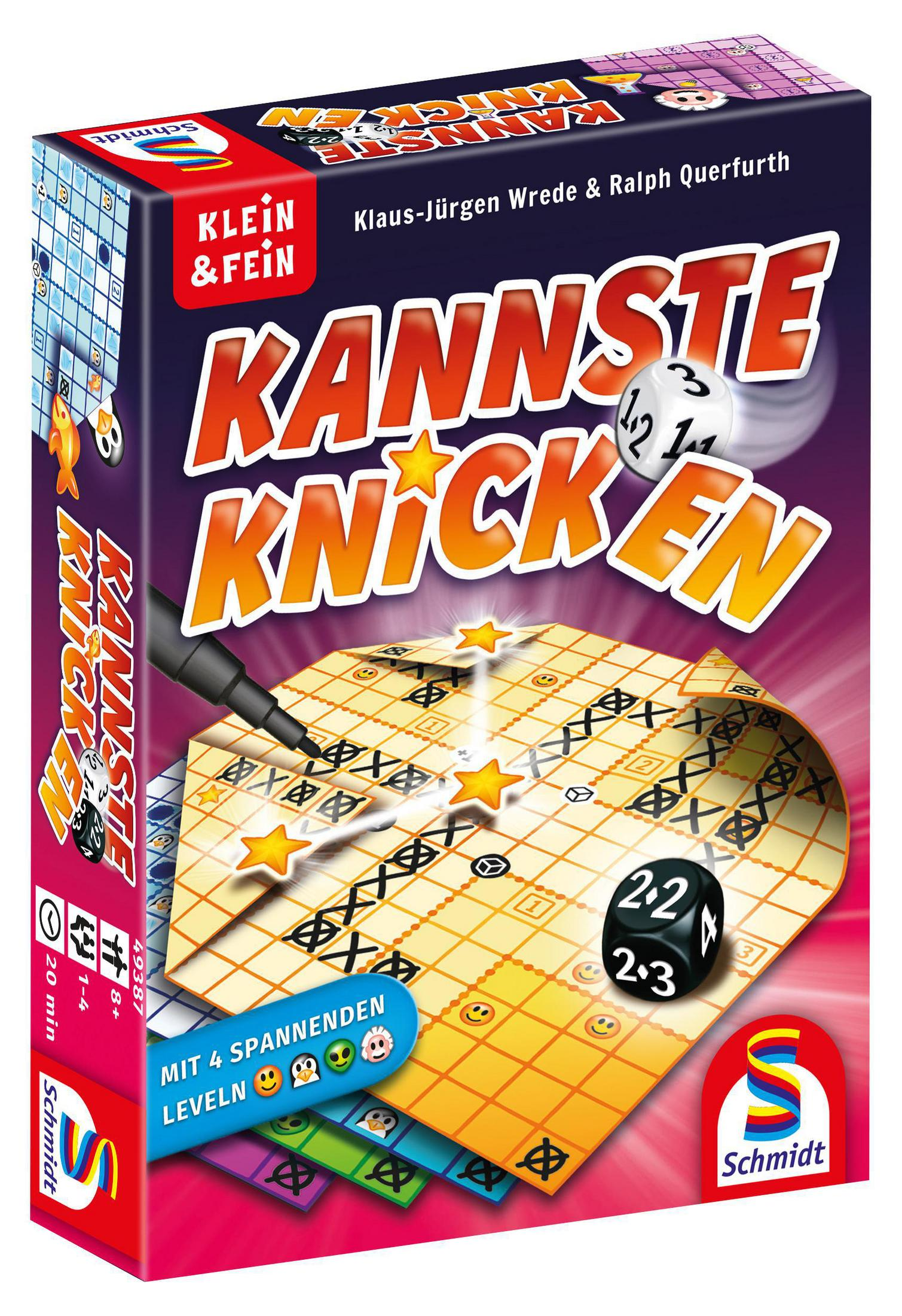 Brettspielbox für 'Kannste Knicken', mit Würfeln, Spielbrett und Sternen.