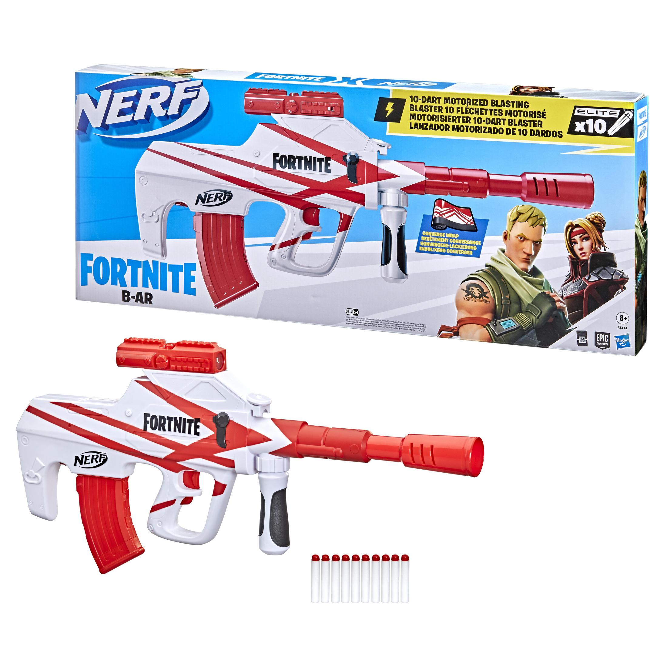 Blaster Nerf Fortnite B-AR i opakowanie. Biało-czerwona kolorystyka. Białe tło.