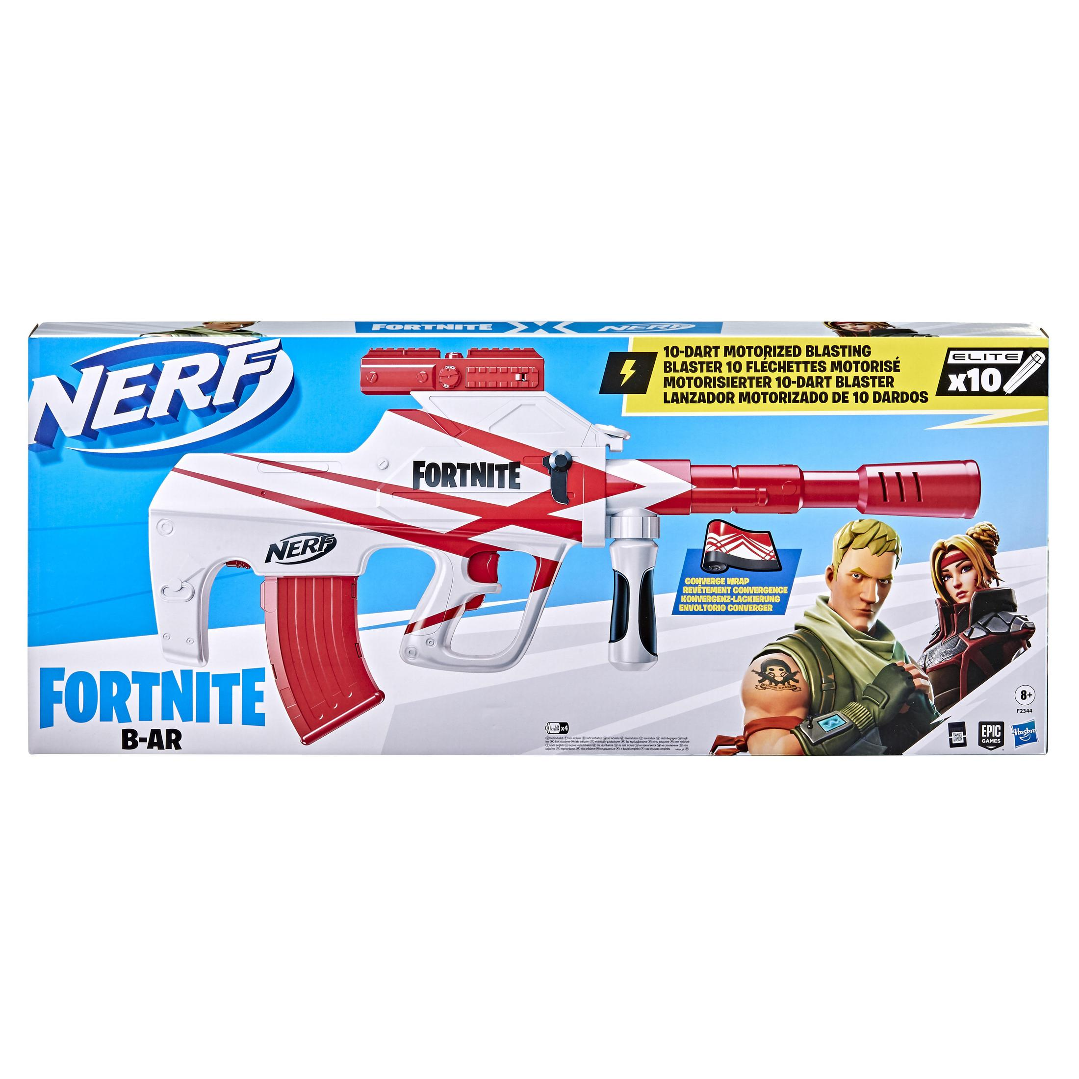 Blaster Nerf Fortnite B-AR. Czerwono-biały pistolet zabawkowy, logo Fortnite, pudełko produktu, figurki.