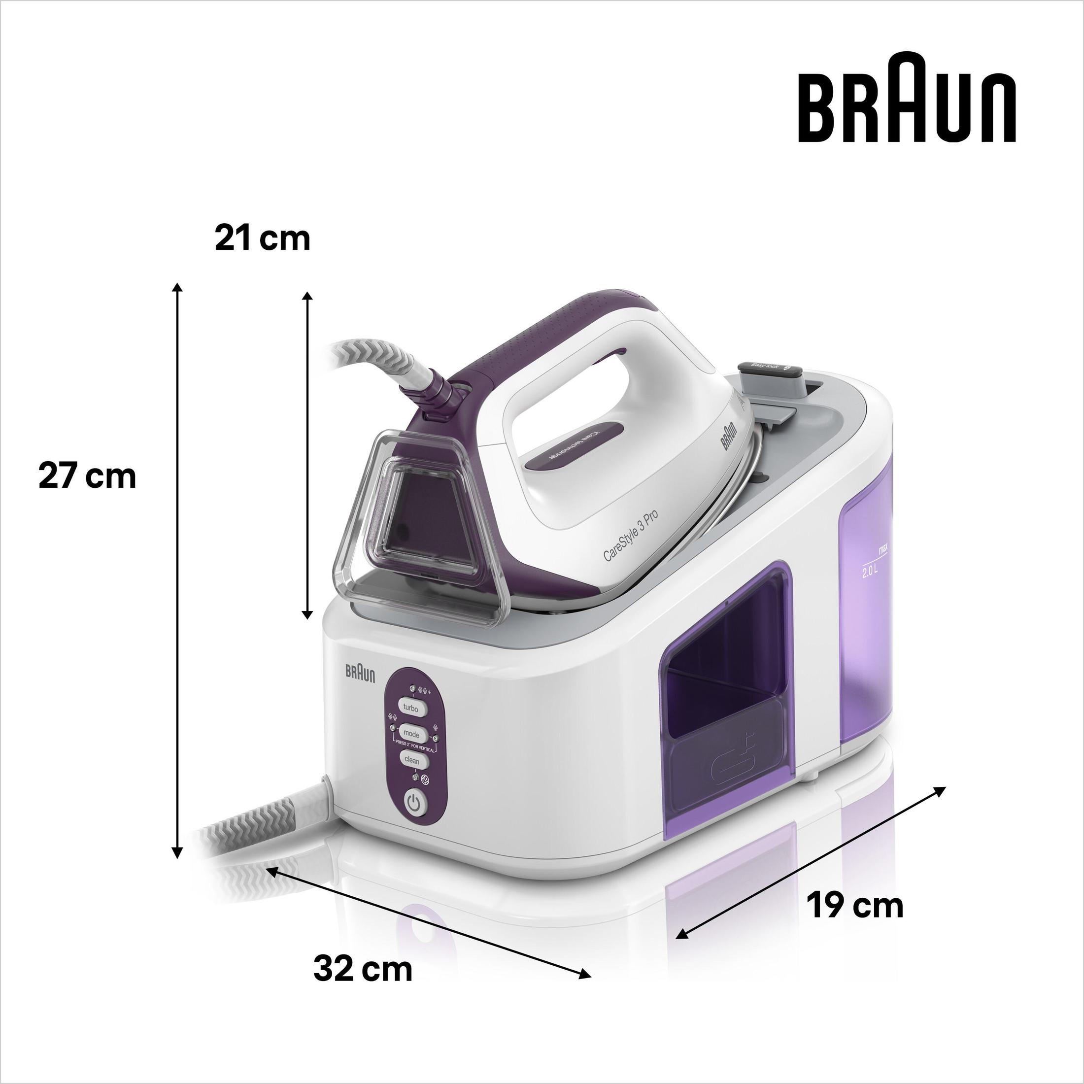Un ferro da stiro a vapore bianco e viola, con dimensioni, su sfondo bianco.