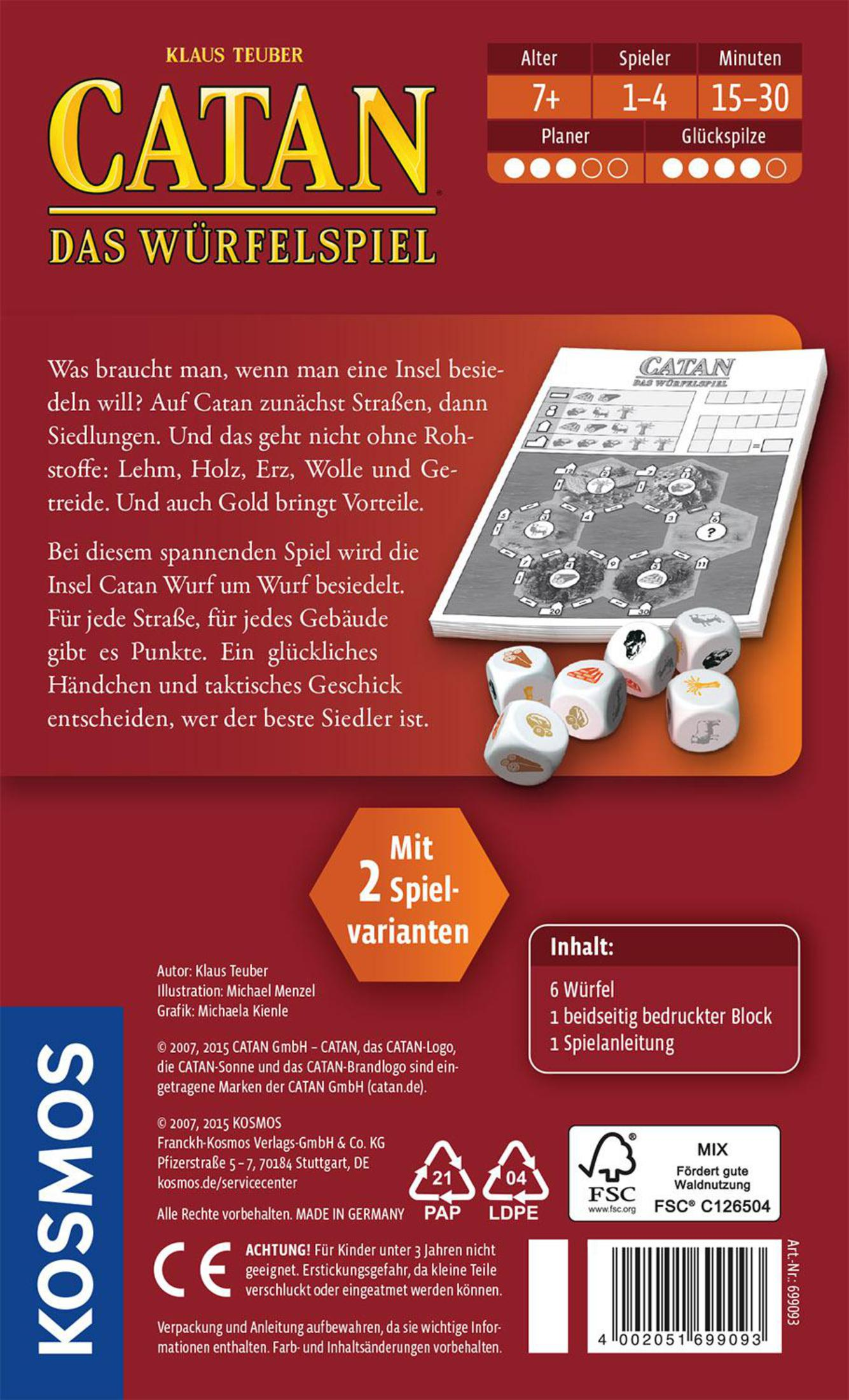 Catan Brettspielbox, zeigt Spielkomponenten, Würfel und die Rückseite der Box.