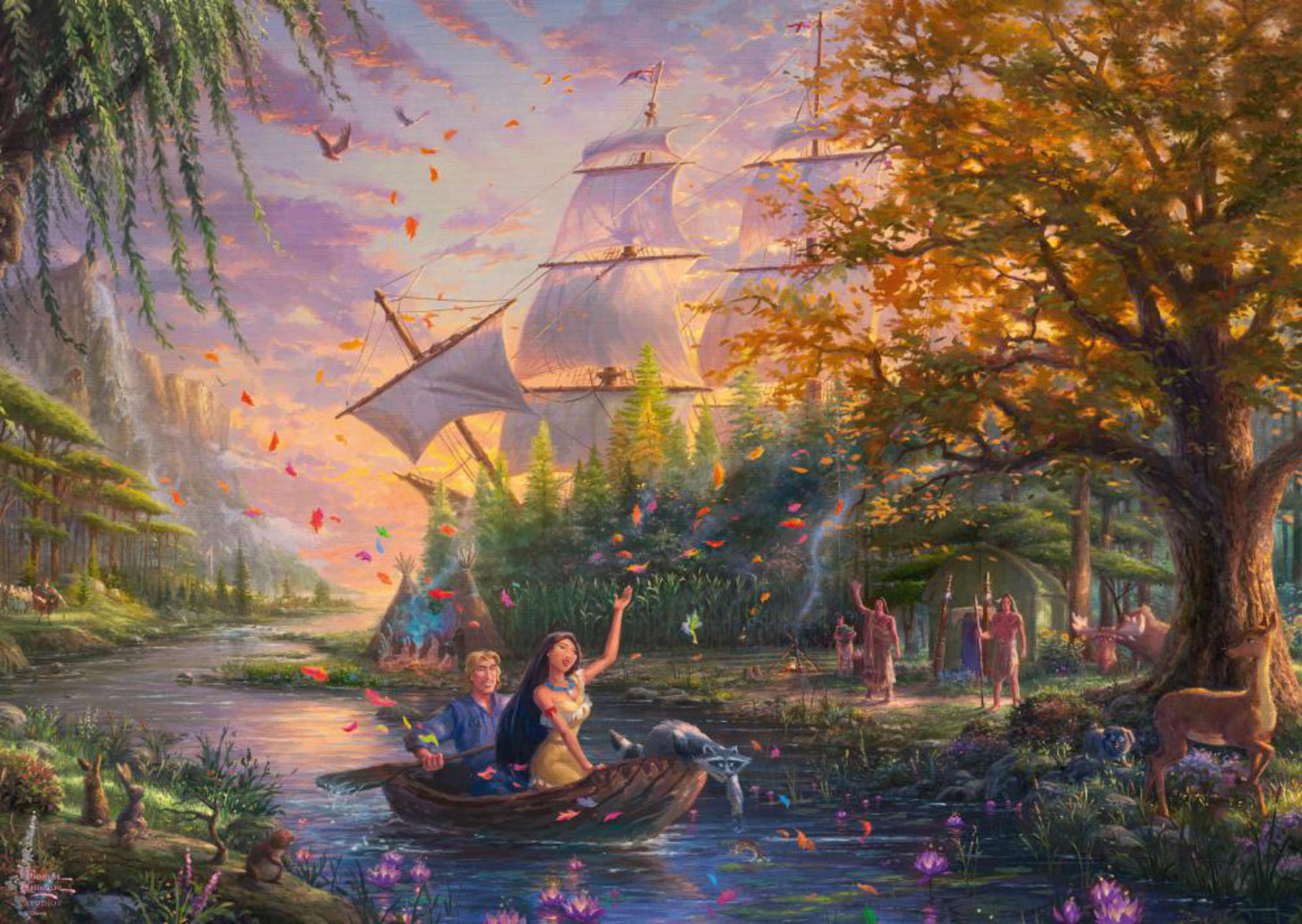 Eine farbenfrohe Illustration aus einem Film zeigt ein Boot auf dem Wasser mit Menschen und einem großen Schiff im Hintergrund.