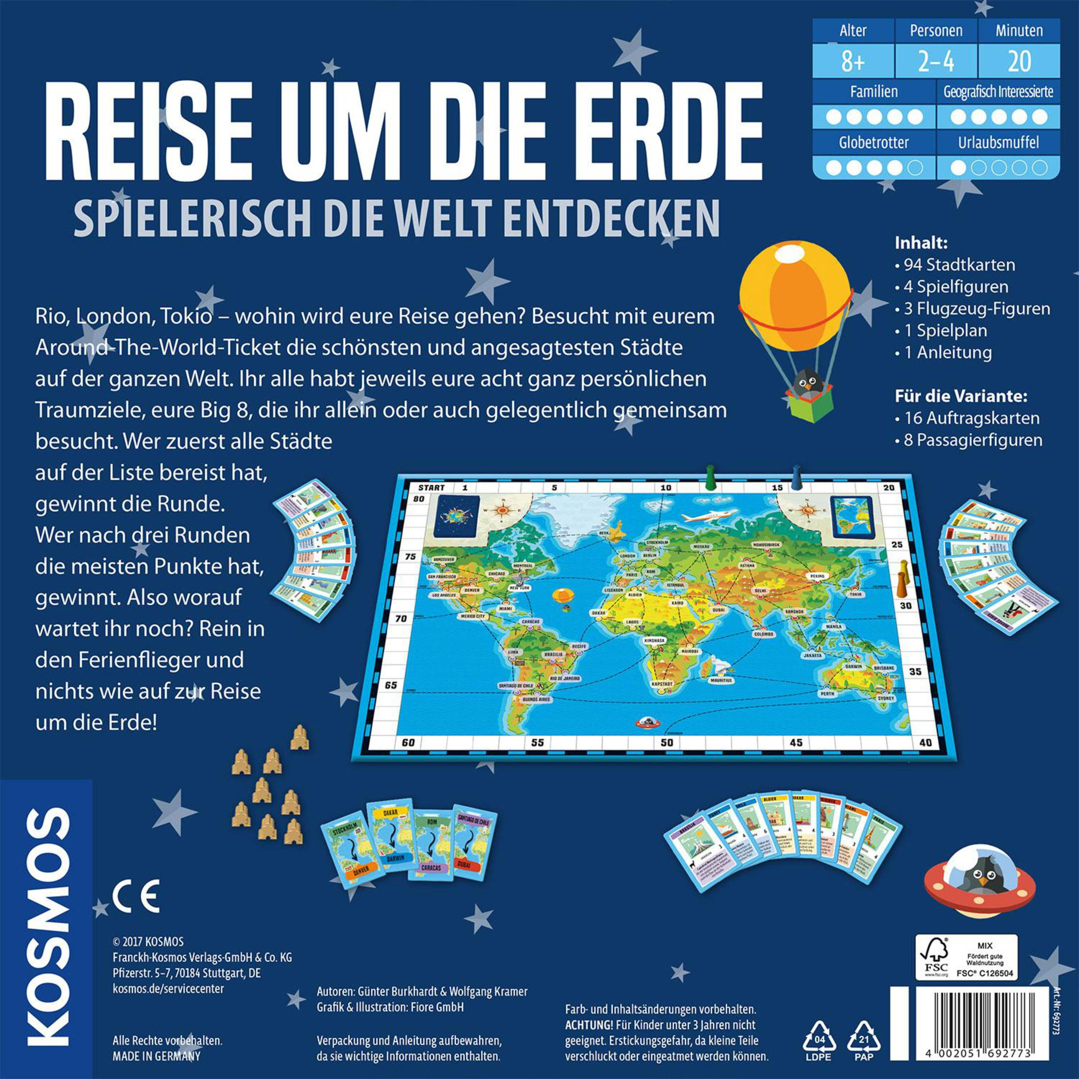 Brettspielbox mit Weltkarte, Heißluftballon und verschiedenen Spielelementen.