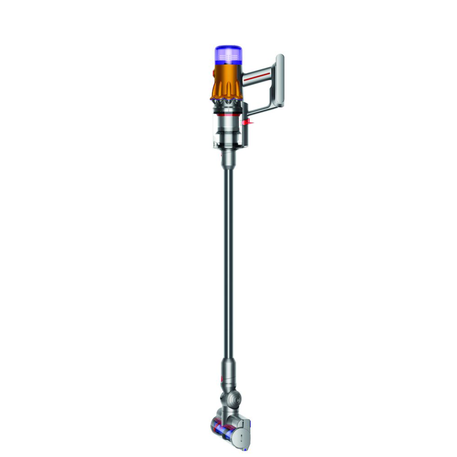 Un aspirapolvere senza fili Dyson argento, giallo e viola su sfondo bianco.
