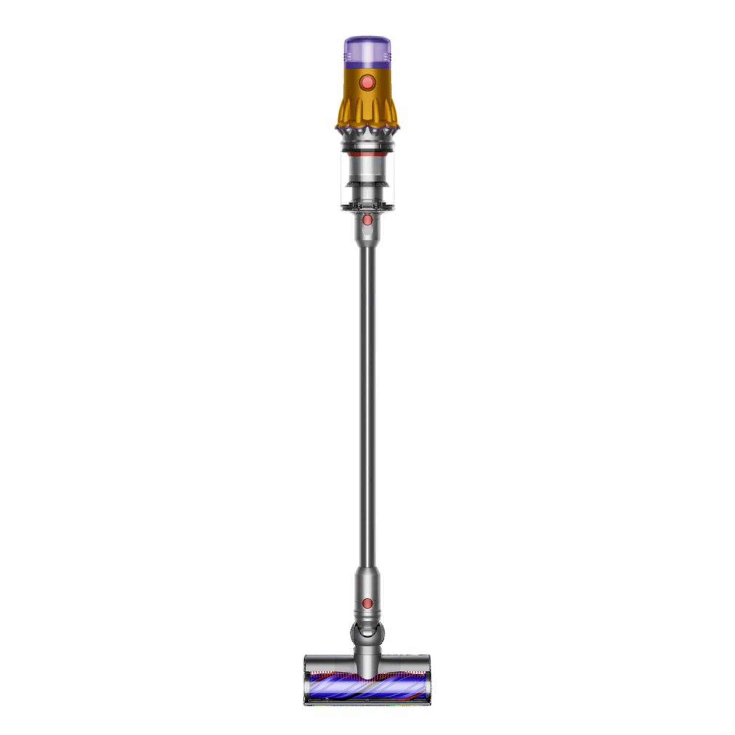 Un aspirapolvere Dyson giallo e argento, verticale, su sfondo bianco. L'aspirapolvere è in piena vista.
