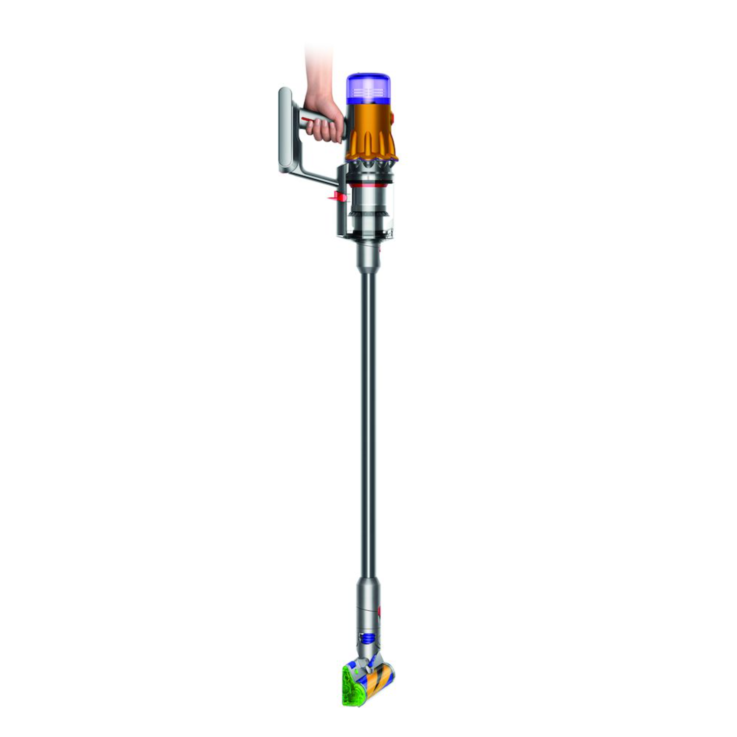 Aspirapolvere Dyson. Grigio, arancione e blu. Sfondo bianco.