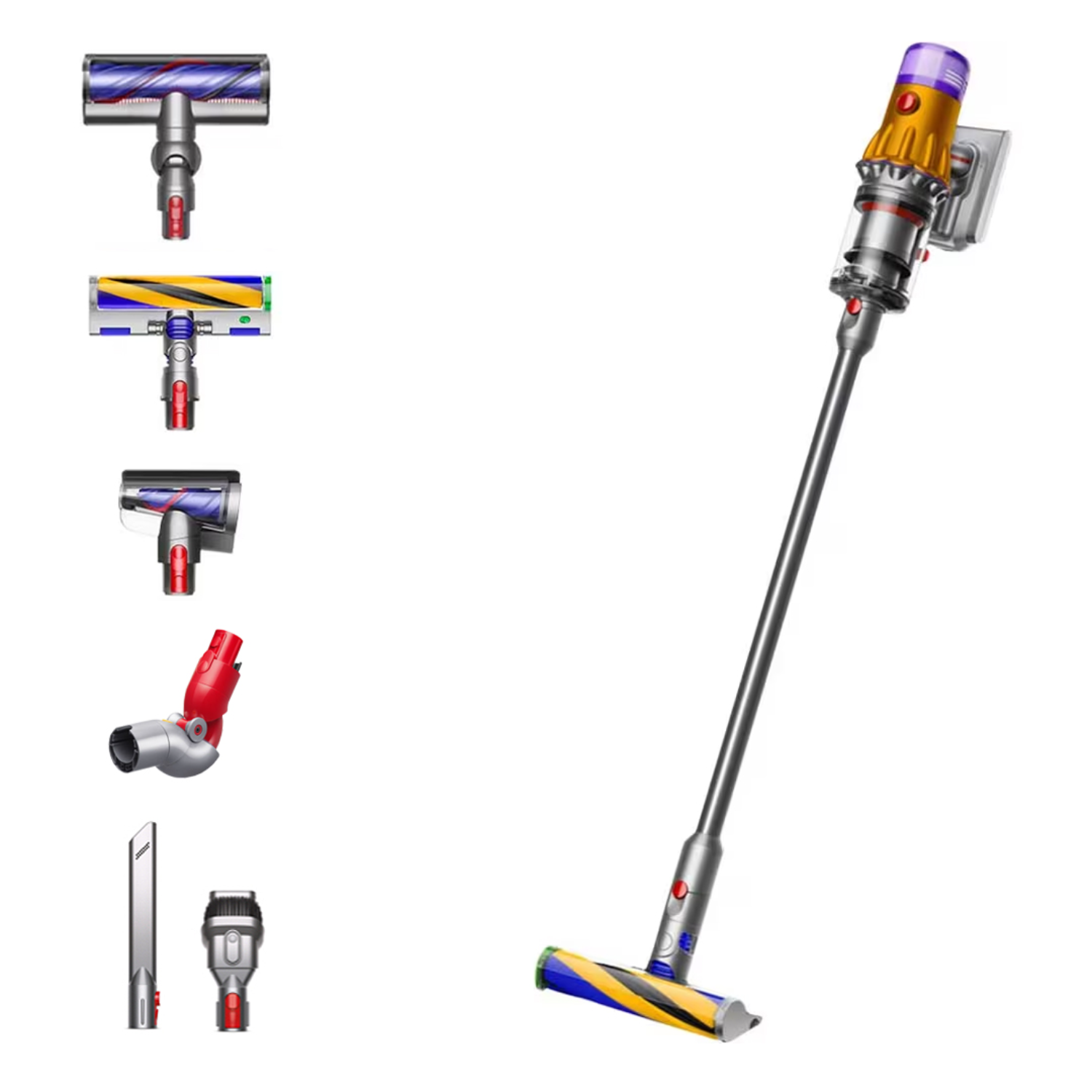 Aspirapolvere Dyson con accessori. È argento, viola e giallo su sfondo bianco.