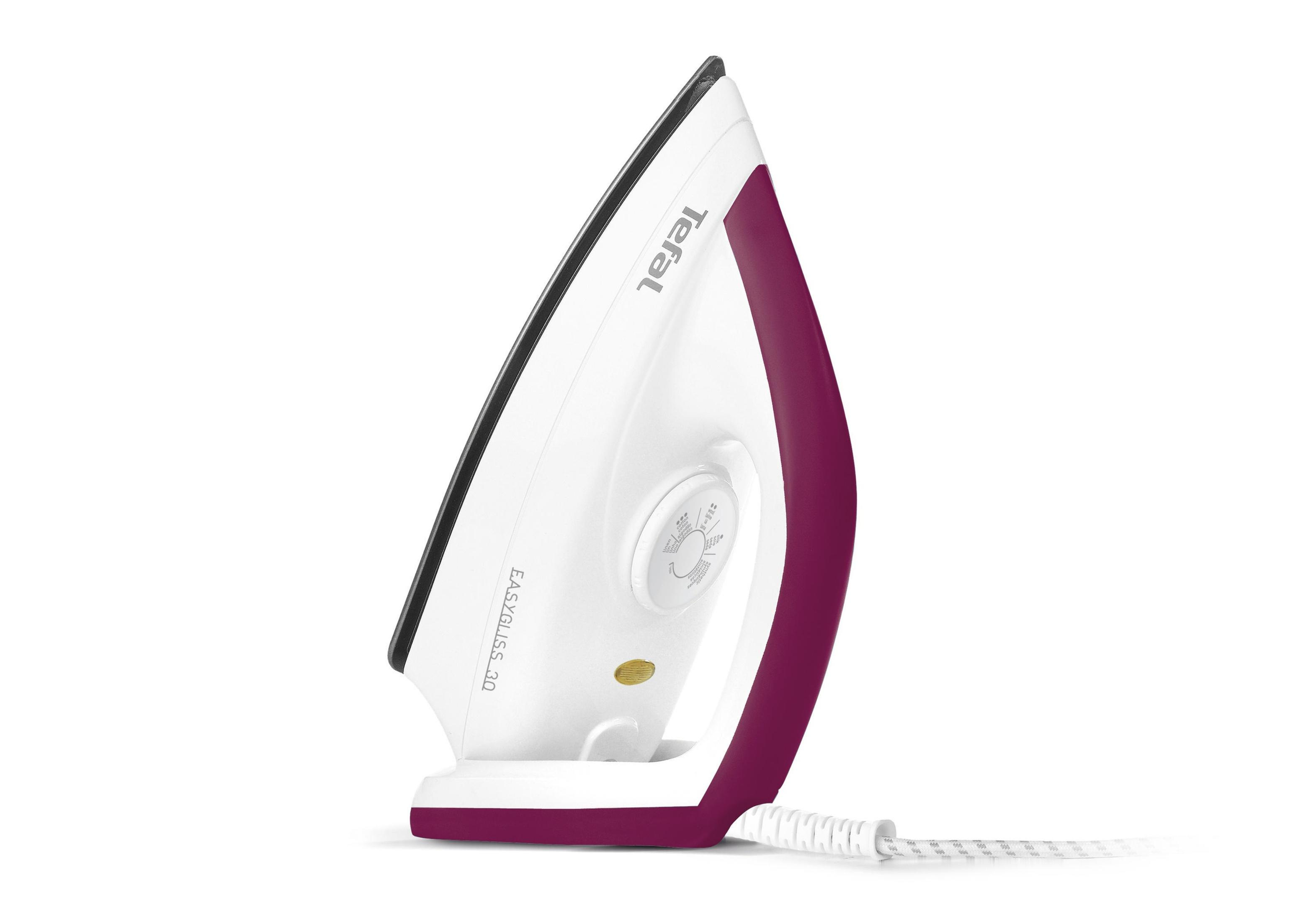 Ferro da stiro bianco e viola, marchio Tefal, su sfondo bianco.