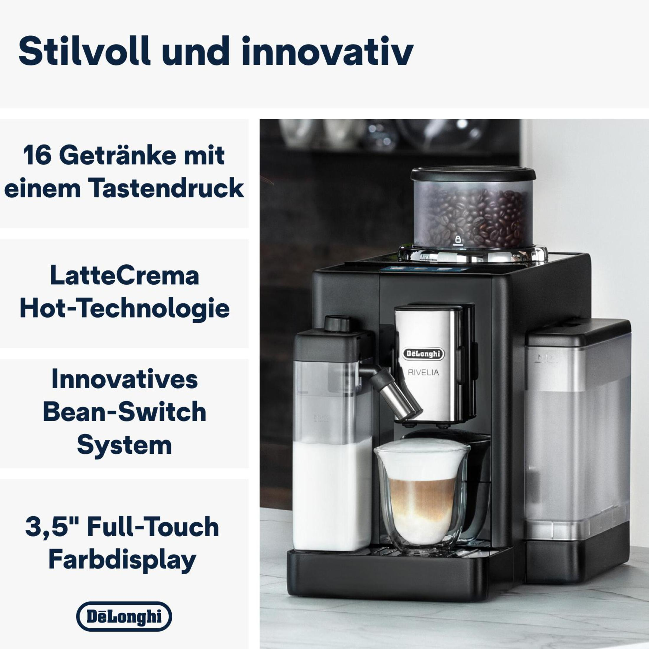 Una macchina per il caffè nera con chicchi di caffè e un montalatte.