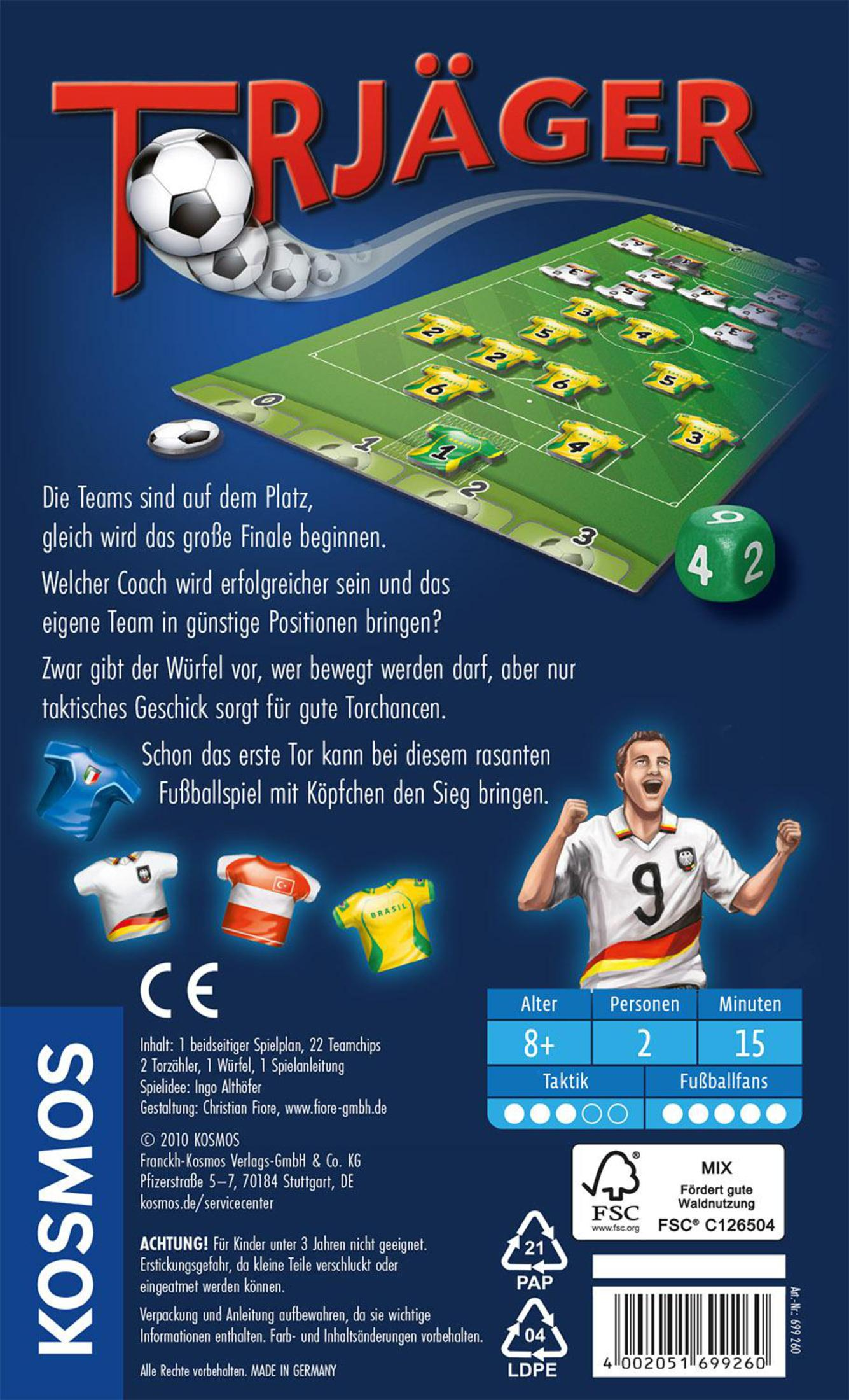 Brettspielbox mit Fußballfeldgrafik. Fußbälle, Spieler und Text auf Deutsch.