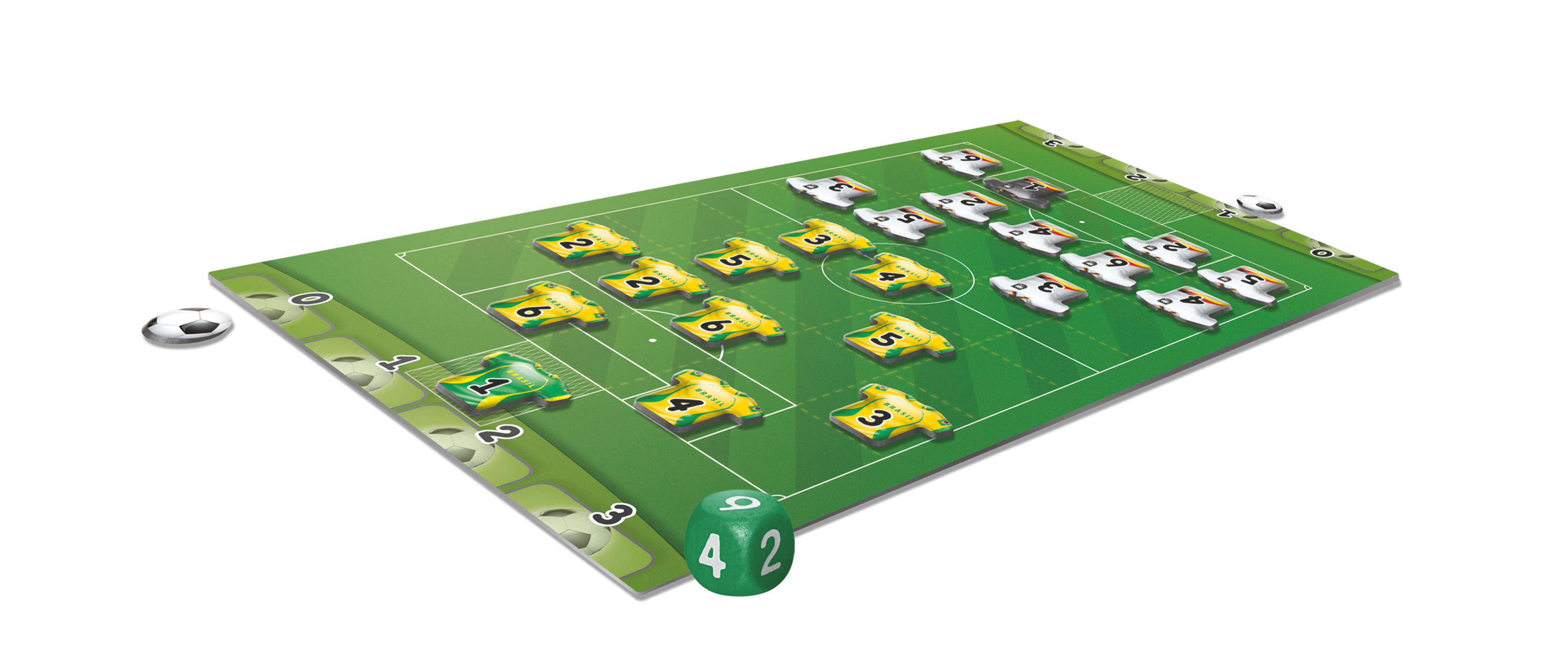 Ein Fußball-Brettspiel mit Spielern und einem Würfel.