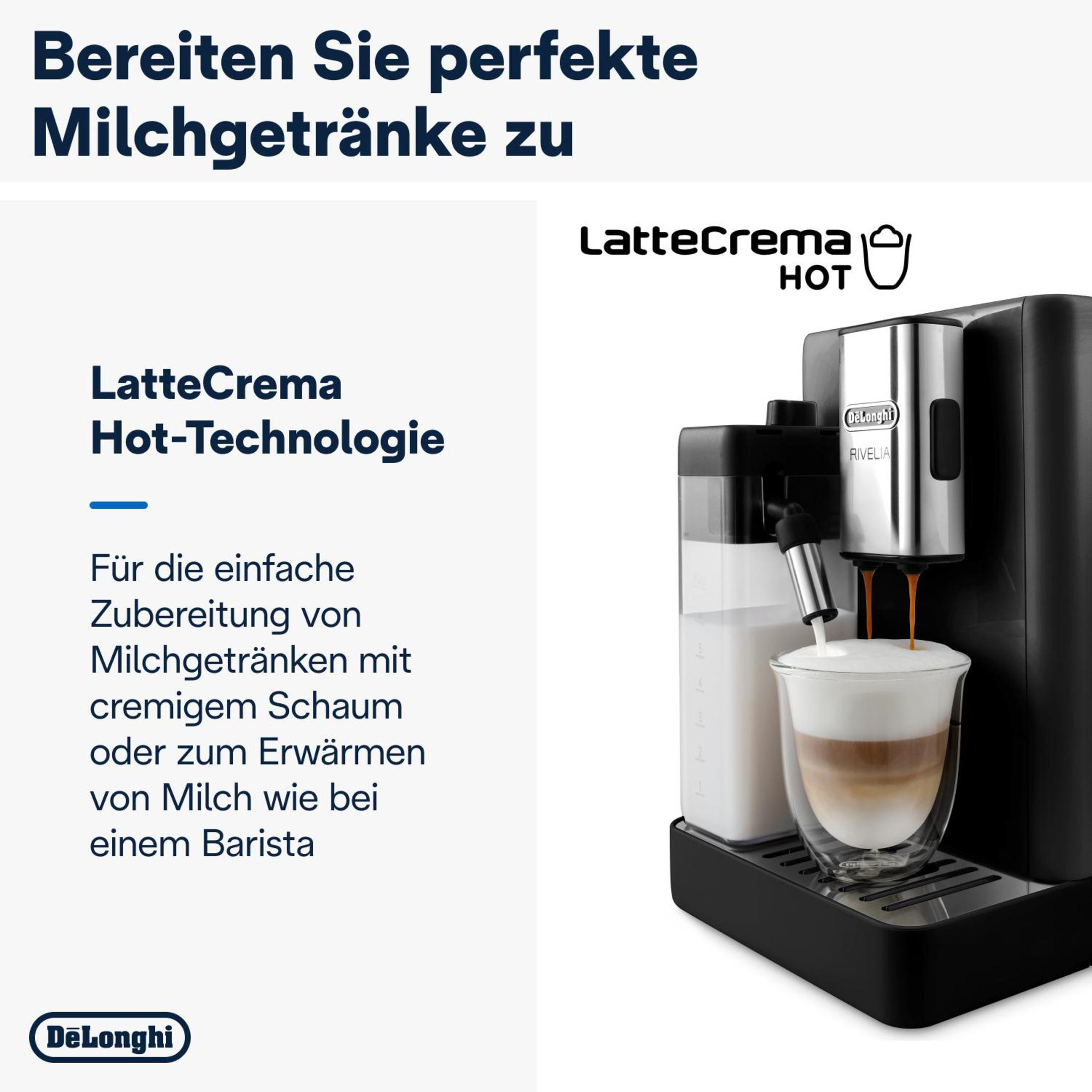 Macchina da caffè DeLonghi LatteCrema Hot, che mostra un bicchiere di bevanda al latte a strati e una descrizione testuale.