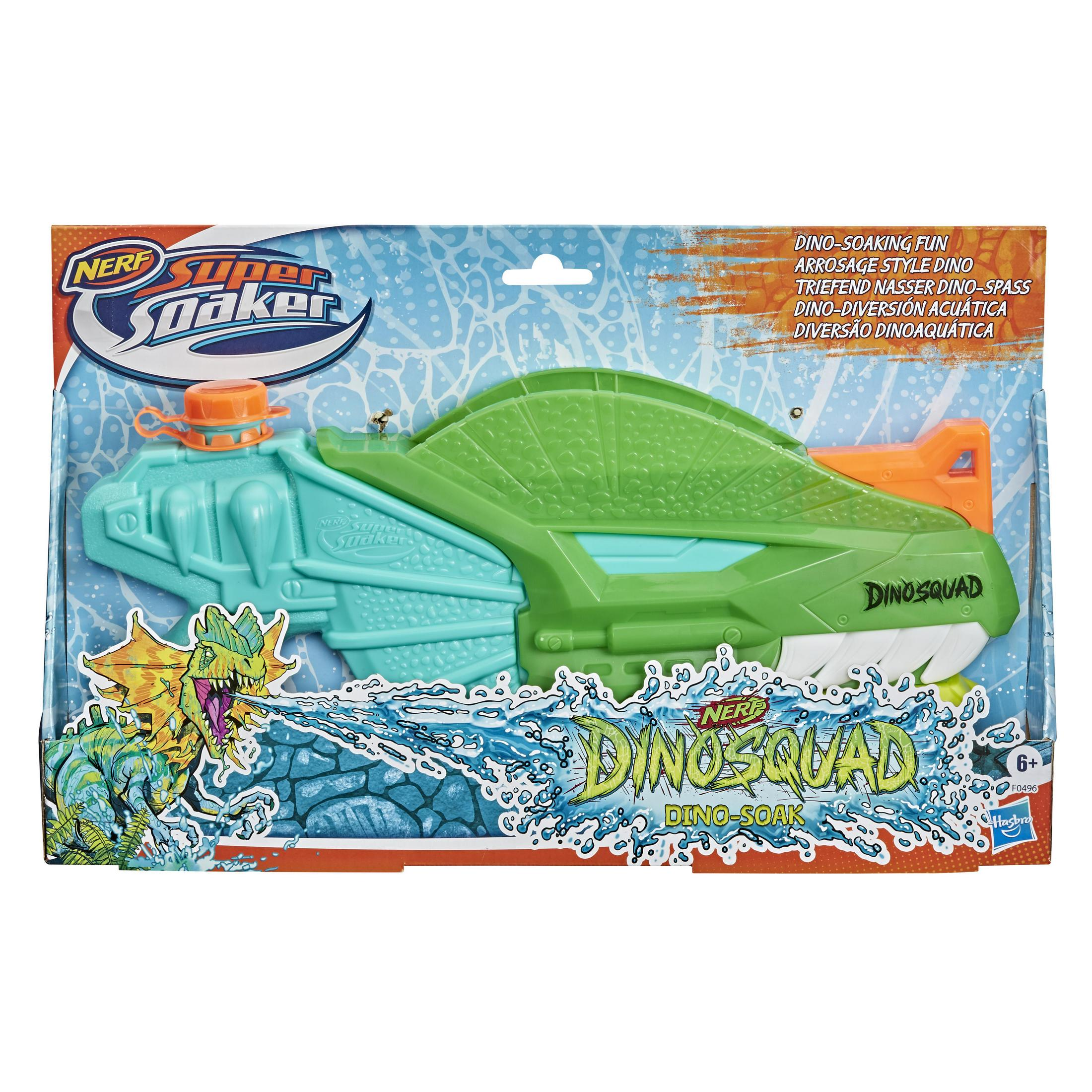 Pistola ad acqua Nerf verde e blu. In scatola, mostra acqua che spara e un dinosauro.