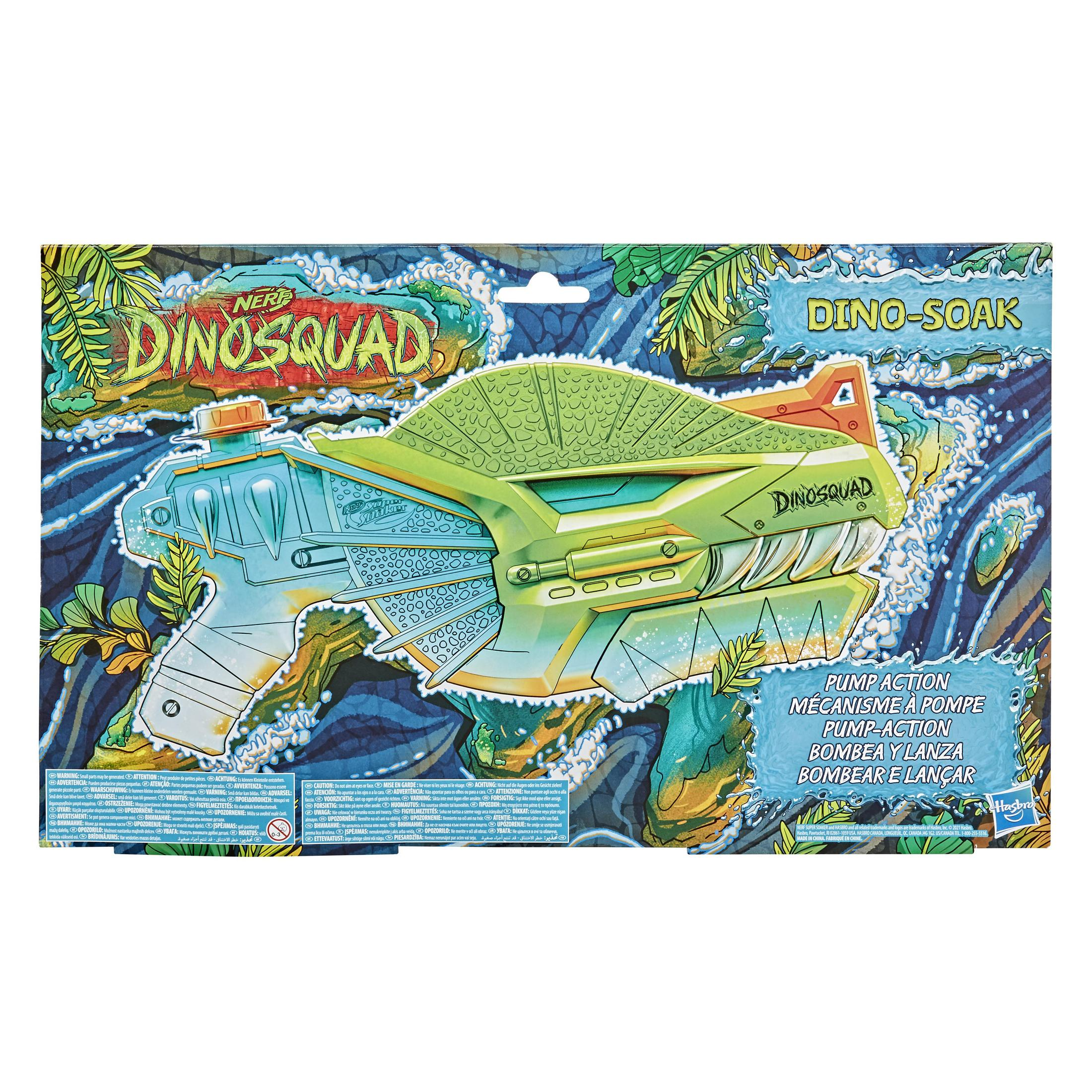 Confezione del blaster ad acqua Nerf DinoSquad Dino-Soak. Colori verde e blu. Sfondo bianco.