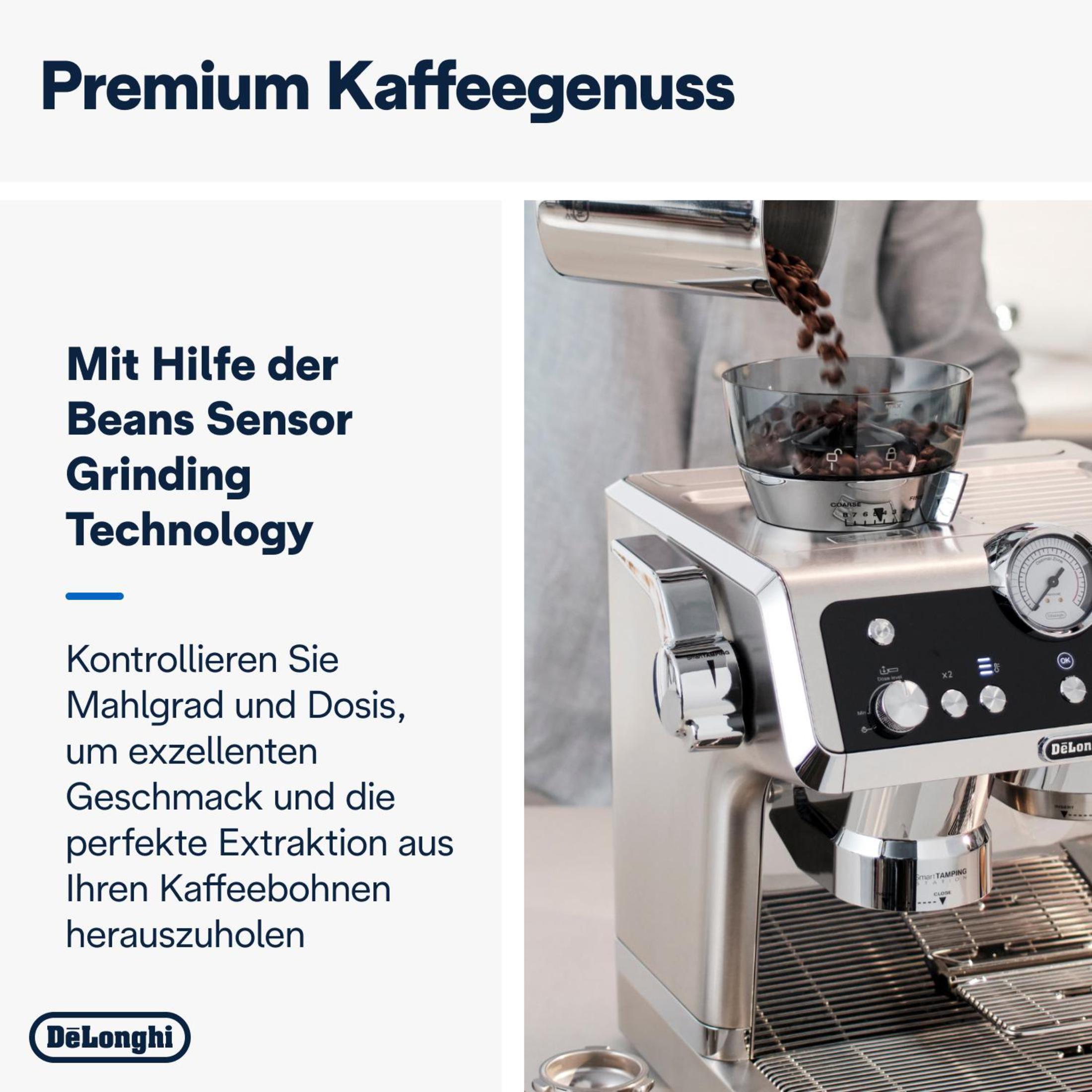 Nahaufnahme einer Kaffeemaschine, Text auf Deutsch über 'Beans Sensor Grinding Technology'.