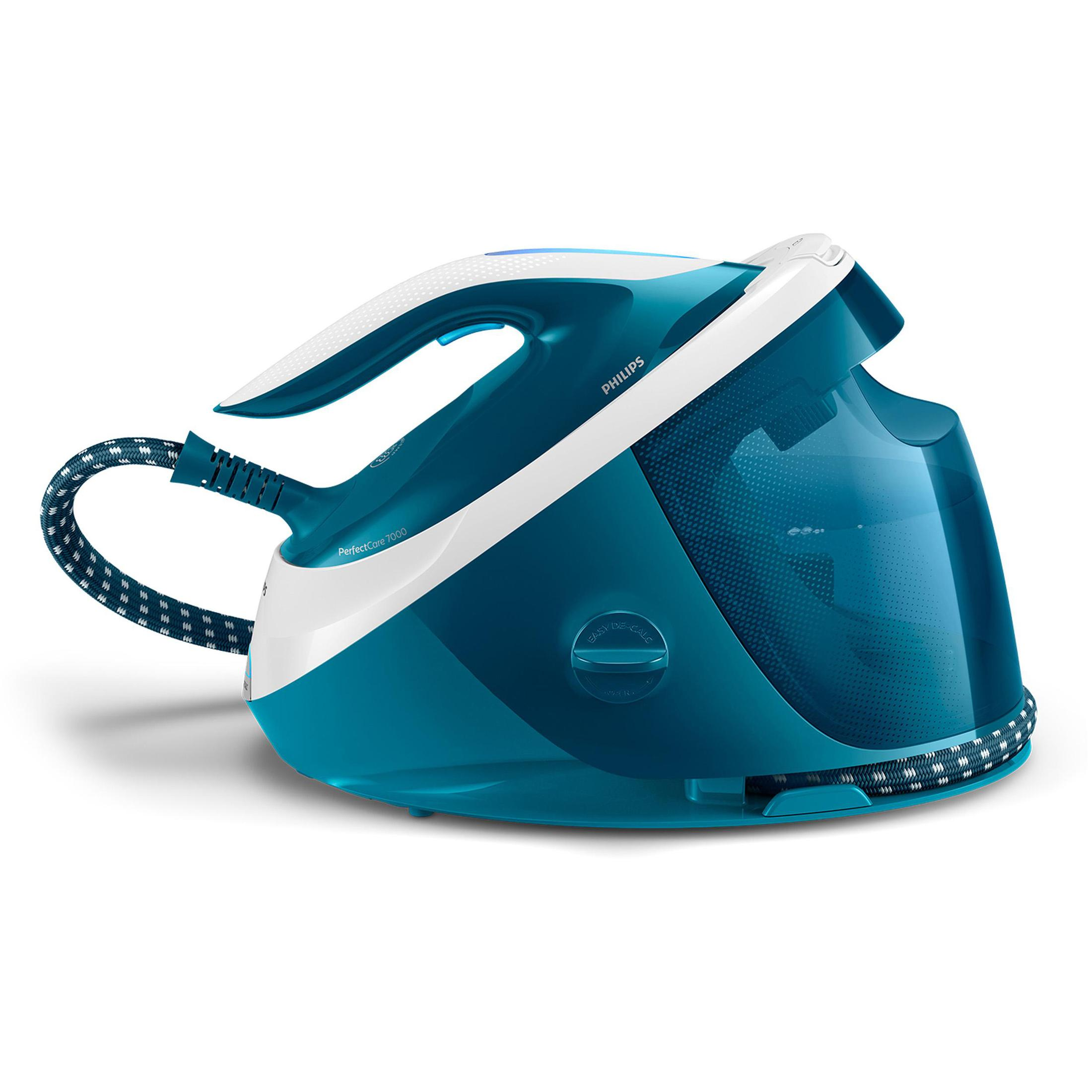Mavi ve beyaz Philips buharlı ütü. Su haznesi ve desenli bir güç kablosu içerir.