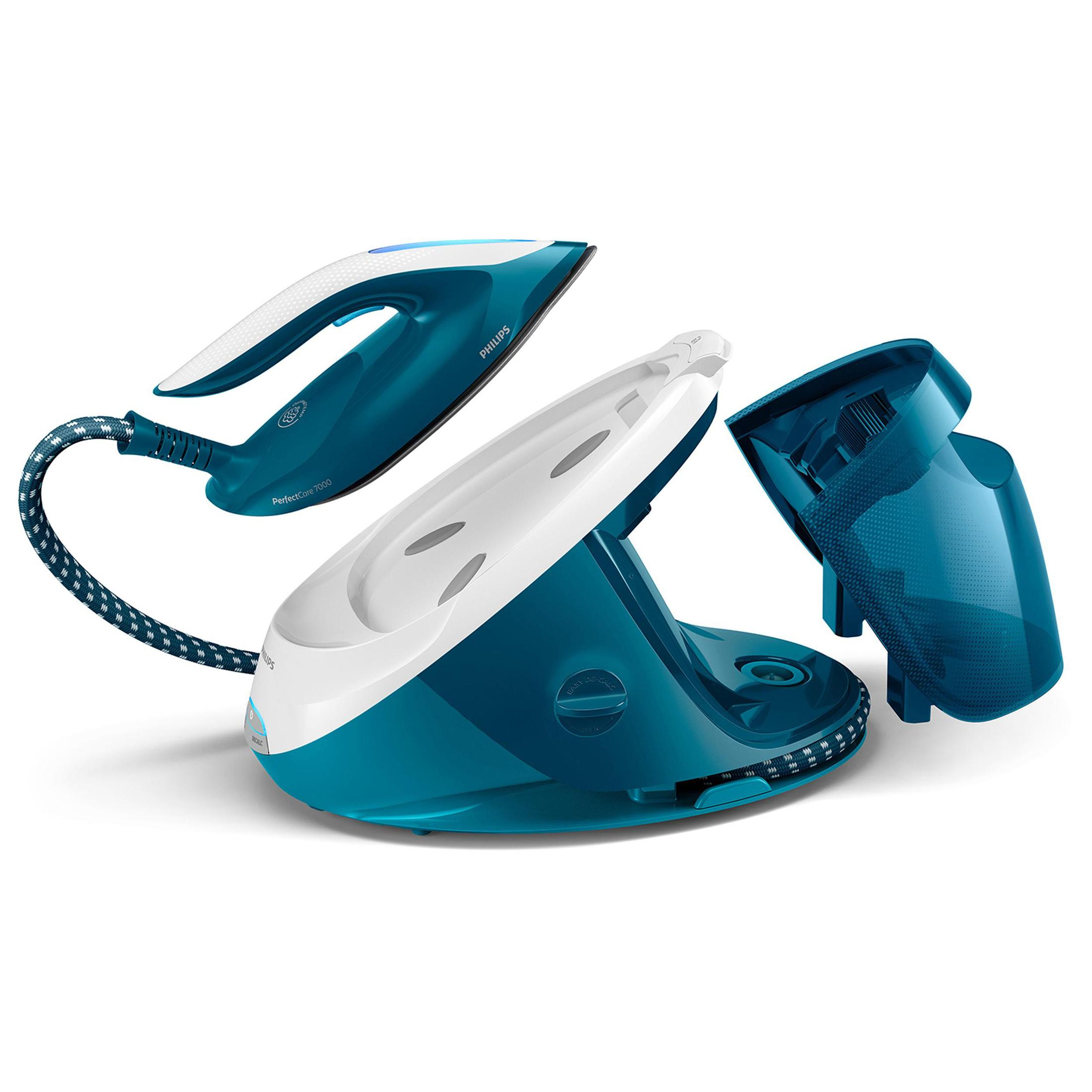 Philips PerfectCare buhar jeneratörlü ütü. Mavi ve beyaz ütü, ayrılmış parçalar, beyaz zemin.