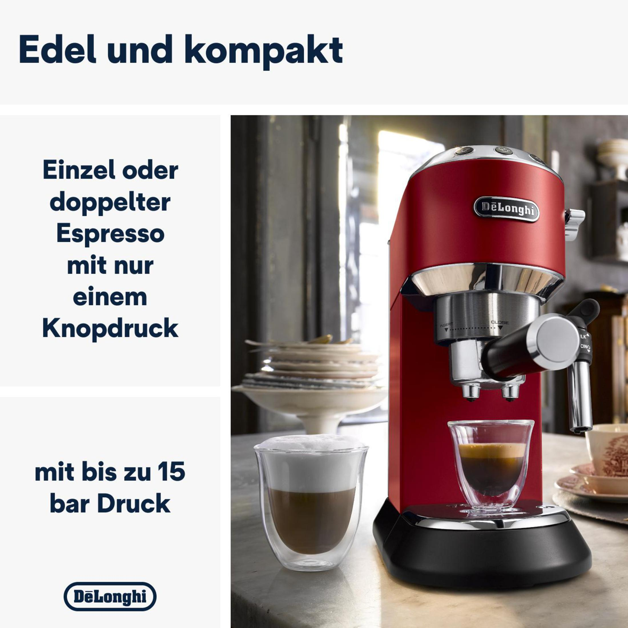 Czerwony ekspres do kawy z tekstem i dwoma szklankami z kawą i pianką.