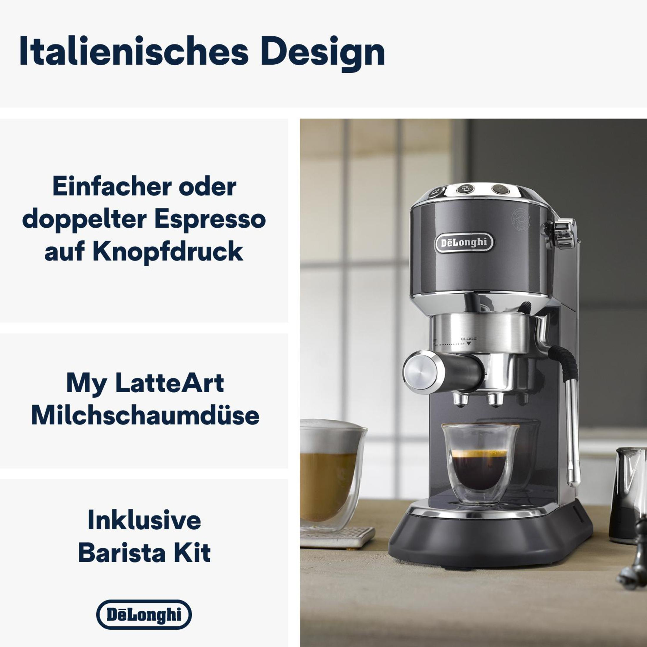 Un anuncio de una cafetera espresso, con texto en alemán y una imagen de la máquina.