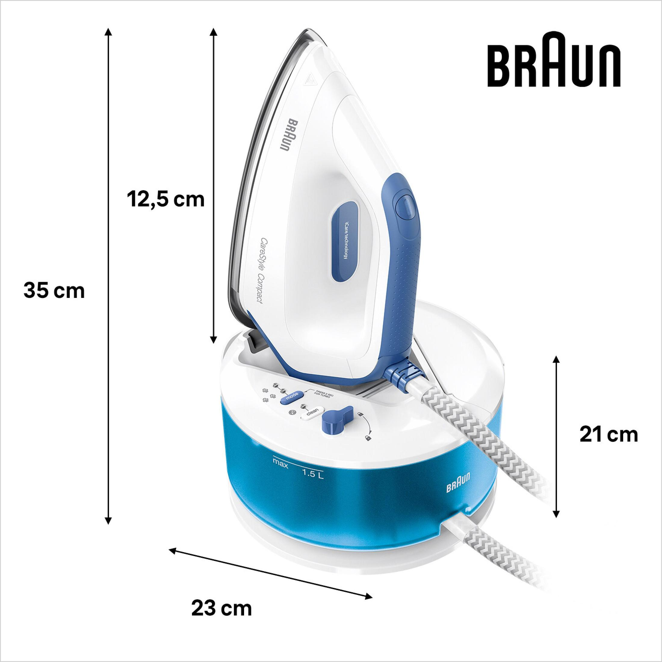 Bügeleisen und Dampfgenerator mit Abmessungen. Das Bügeleisen ist weiß und blau.