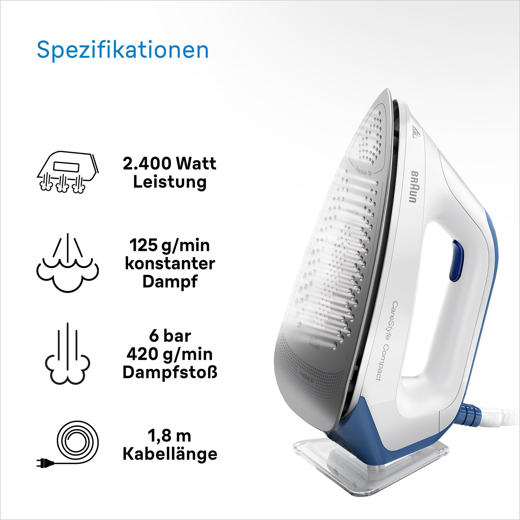 Ein Bügeleisen mit Spezifikationen: Leistung, Dampf, konstanter Dampf und Kabellänge.