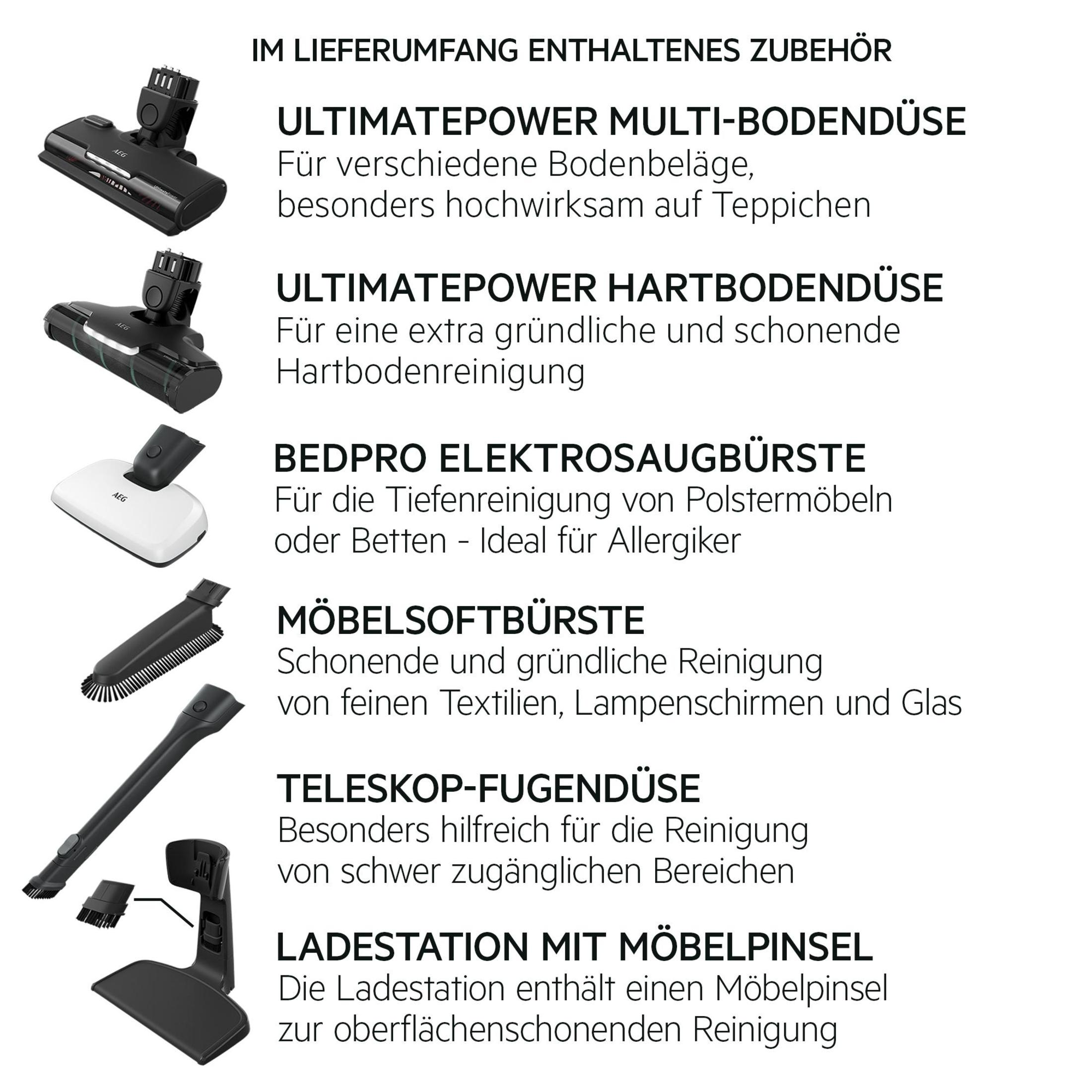 Accessori per un aspirapolvere, comprese diverse testine per spazzole.