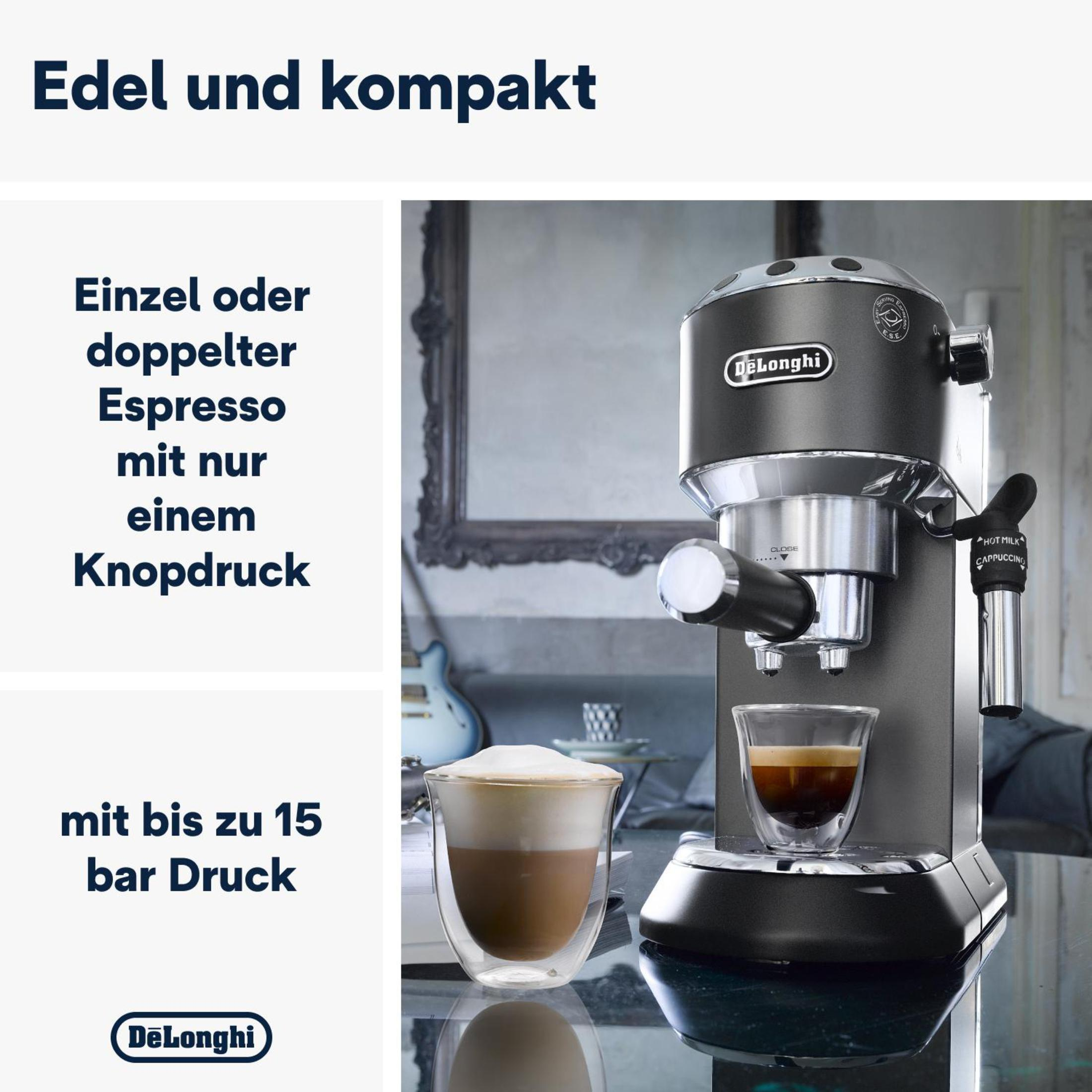 Espressomaschine mit zwei Gläsern. Text: Edel und kompakt.