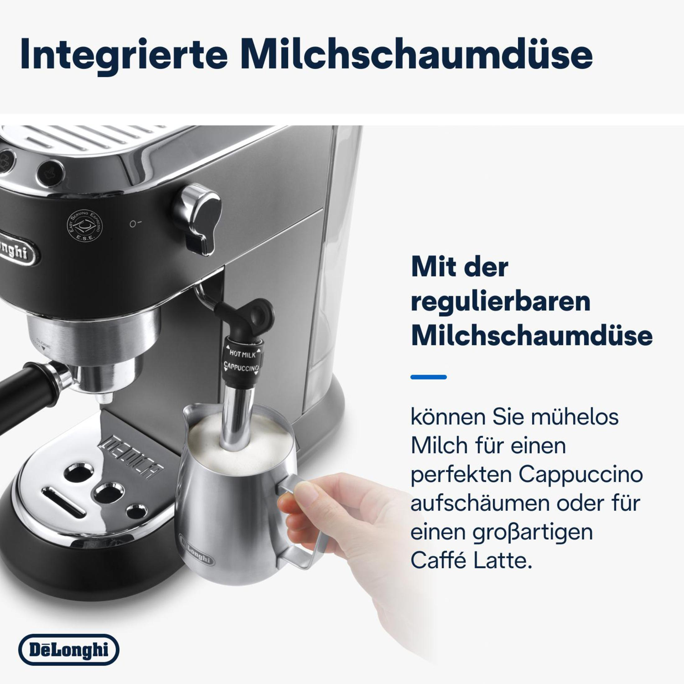 Eine silberne und schwarze Espressomaschine mit Milchaufschäumdüse und De'Longhi-Logo.